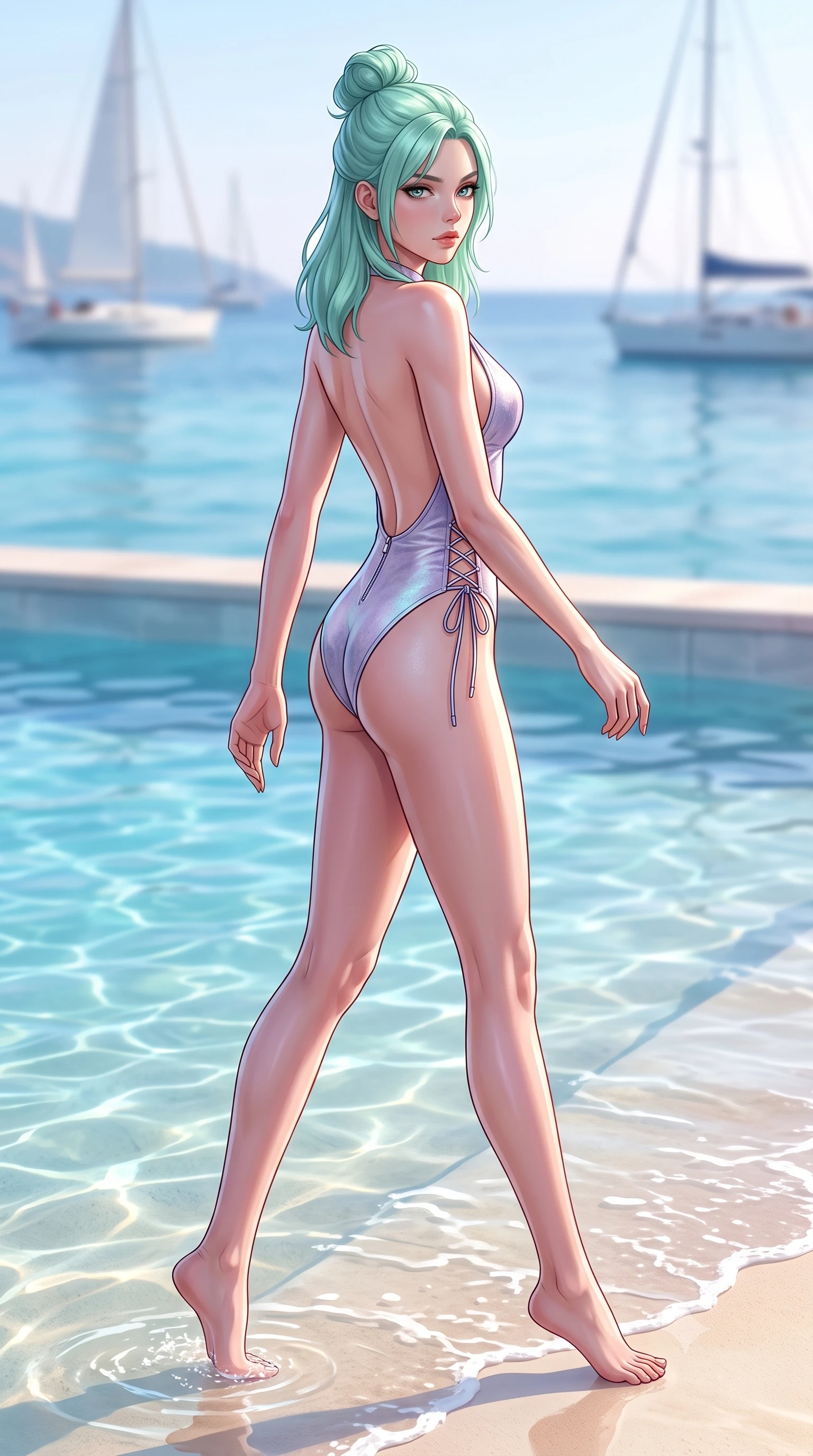 score_9, masterpiece, best quality, ultra-detailed, high-budget anime keyframe, semi-realistic 3D game render, editorial fashion photography, tasteful artistic composition, Japanese woman. low angle full-body shot from head to toe showing her feet, filling the entire 9:16 vertical frame with her statuesque presence, stretching her vertical silhouette. walking along the terrace with poise, looking back over her bare shoulder with an irresistible smoldering bedroom-gaze while lounging in the shallow water over smooth sand with legs extended, water gently lapping her thighs as she casts a smoldering bedroom-gaze. The background shows a soft-focus distant sailing yachts softened in pristine Mediterranean island shallow focus. She has an absolutely perfect, statuesque 8.5-heads proportion, an exceptionally tall and slender model-like female figure with impossibly long slender legs, an ultra-slim waist, a flat toned midriff, narrow delicate ribcage, and beautifully sculpted feminine hips creating a graceful, slim hourglass silhouette without any bulky heaviness. sharp v-shaped jawline, high-bridge nose, sparkling eyes with hypnotic seductive depth, thick curled eyelashes, glossy parted lips with a natural dewy peach sheen, alluring bedroom-eyes with an enchanting coquettish smile, exuding magnetic siren charisma and sophisticated glamour, flawlessly proportioned anatomical accuracy, strict slender model proportions, natural body alignment, perfectly sculpted long slender limbs, ultra-slim waistline, clean dynamic posture without body distortion. wearing a backless plunge-front second-skin leatherette biker jumpsuit with zip front and high-cut leg openings in iridescent mother-of-pearl and dusk lavender, tailored from ultra-soft distressed suede with velvety hand-feel and rich shadow depth, featuring fine criss-cross lace-up side ties revealing tantalizing glimpses of her hip curve, the precision-cut side openings and low-back scoop framing her graceful spine and the sensual sweep of her slim, toned hips. illuminated by lagoon water caustic bounce and sharp platinum rim lights defining her delicate clavicles, narrow waist, and curvy hips. highly saturated vibrant anime colors, detailed shading with soft gradients, rich glossy textures, high-contrast stereoscopic depth, volumetric dynamic lighting, master piece, 9:16 ratio