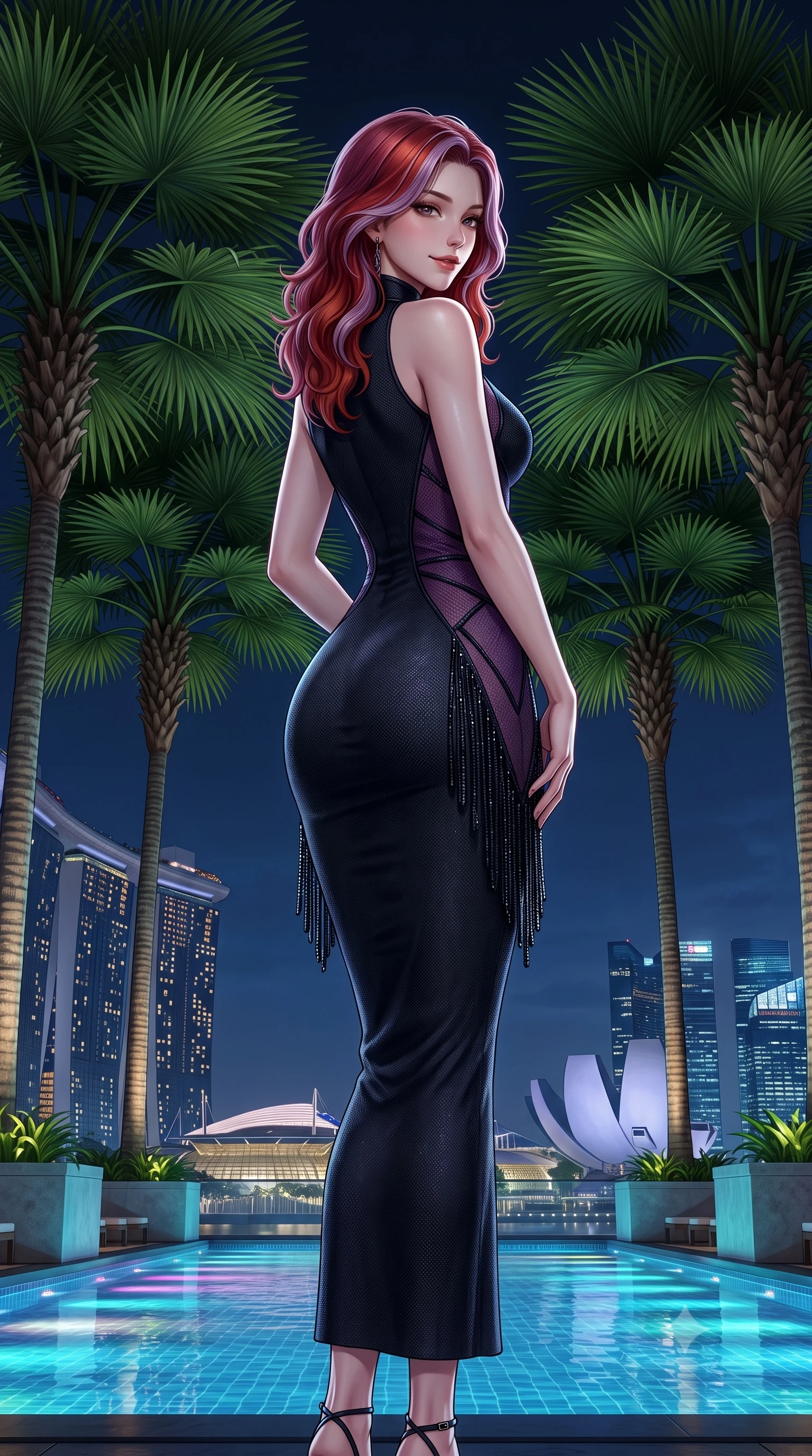 score_9, masterpiece, best quality, ultra-detailed, high-budget anime keyframe, semi-realistic 3D game render, editorial fashion photography, tasteful artistic composition, Caucasian woman. low angle full-body shot from head to toe showing her feet, filling the entire 9:16 vertical frame with her statuesque presence, stretching her vertical silhouette. posing with back turned slightly to the lens, glancing back with an intoxicating, dangerous smile as she arches her lower back to emphasize her sculpted feminine hips and slender waist while standing poised between towering tropical fan palms with hips cocked back, casting an enchanting bedroom-gaze over the midnight bay vista. The surrounding environment is rendered in vivid detail and crisp panoramic clarity. detailed gown texture, glowing skin highlights, and Marina Bay architectural precision in high resolution. She has an exceptionally tall and slender model-like 8.5-heads proportion, an ultra-slim waist, a flat toned midriff, narrow delicate ribcage, and beautifully sculpted feminine hips creating a graceful, slim hourglass silhouette without any bulky heaviness, with impossibly long slender legs. sharp v-shaped jawline, high-bridge nose, intricate jewel-like dark sparkling eyes with dangerous depth, thick curled eyelashes, glossy parted lips with a rich wine sheen, smoldering seductive half-smile with bedroom-eyes, exuding effortless superiority and intoxicating dark allure, flawlessly proportioned anatomical accuracy, strict slender model proportions, natural body alignment, perfectly sculpted long slender limbs, ultra-slim waistline, clean dynamic posture without body distortion. wearing a high-neck sleeveless bodycon dress in textured matte obsidian with side-torso semi-sheer mesh inserts in rich plum violet and deep onyx black, woven from metallic lurex thread casting subtle starlight glints across the fabric, accented with fine jet-black beaded tassels that sway with each movement, the glove-like silhouette tightly following the natural contour of her hips and long slender legs with youthful 8.5-heads elegance. illuminated by underwater pool LED downlights and crisp silver rim lighting sharply sculpting her razor-sharp jawline, narrow waist, and curvy hips. highly saturated vibrant anime colors, detailed shading with soft gradients, rich glossy textures, high-contrast stereoscopic depth, volumetric dynamic lighting, master piece, 9:16 ratio