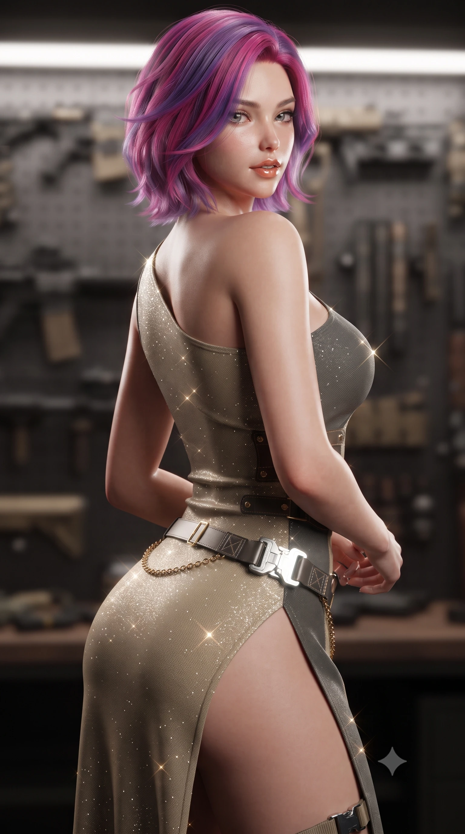 score_9, masterpiece, best quality, ultra-detailed, high-budget anime keyframe, editorial fashion photography, tasteful artistic composition, Caucasian woman. close-up cowboy shot from the waist and thighs up, the character dominates the composition, filling the frame with her large presence. posing in an alluring rear three-quarter angle, looking over a bare shoulder with parted glossy lips, her hips cocked back to highlight her slim hourglass curve while twisting her slender torso in an alluring S-curve, cool LED backlights sculpting her flat midriff, narrow waist, and feminine hip curve. The surrounding environment is rendered in vivid detail and crisp panoramic clarity: detailed leather harness stitching, gold waist chain gleam, and professional armory setup in high resolution. She has an exceptionally elegant, slender, and willowy female figure with an ultra-slim waist, flat toned midriff, narrow ribcage, and sculpted feminine hips creating an alluring, slim hourglass silhouette without bulk. sharp v-shaped jawline, high-bridge nose, sparkling eyes with hypnotic seductive depth, thick curled eyelashes, glossy parted lips with a natural dewy peach sheen, alluring bedroom-eyes with an enchanting coquettish smile, exuding magnetic siren charisma and sophisticated glamour, flawlessly proportioned anatomical accuracy, strict slender model proportions, natural body alignment, perfectly sculpted long slender limbs, ultra-slim waistline, clean dynamic posture without body distortion. wearing an asymmetric one-shoulder tactical compression mini dress with a dramatic hip-high slit and utility harness belt in tactical desert sand khaki and matte carbon grey, woven from stretch metallic lurex jersey casting radiant starlight glints across her silhouette, accented with a quick-release tactical chrome buckle harness resting snugly across her hips, the high-slit wrap tailoring accentuating her ultra-slim waistline and the enchanting curve of her feminine hips with alluring seductive charm. illuminated by polished steel tabletop bounce and sharp platinum rim lights defining her razor-sharp jawline, narrow waist, and curvy hips. ultra-reflective glossy finish, specular highlights, rich textural contrasts, high-contrast stereoscopic depth, volumetric dynamic lighting, 2k, ultra detail, master piece, 9:16 ratio