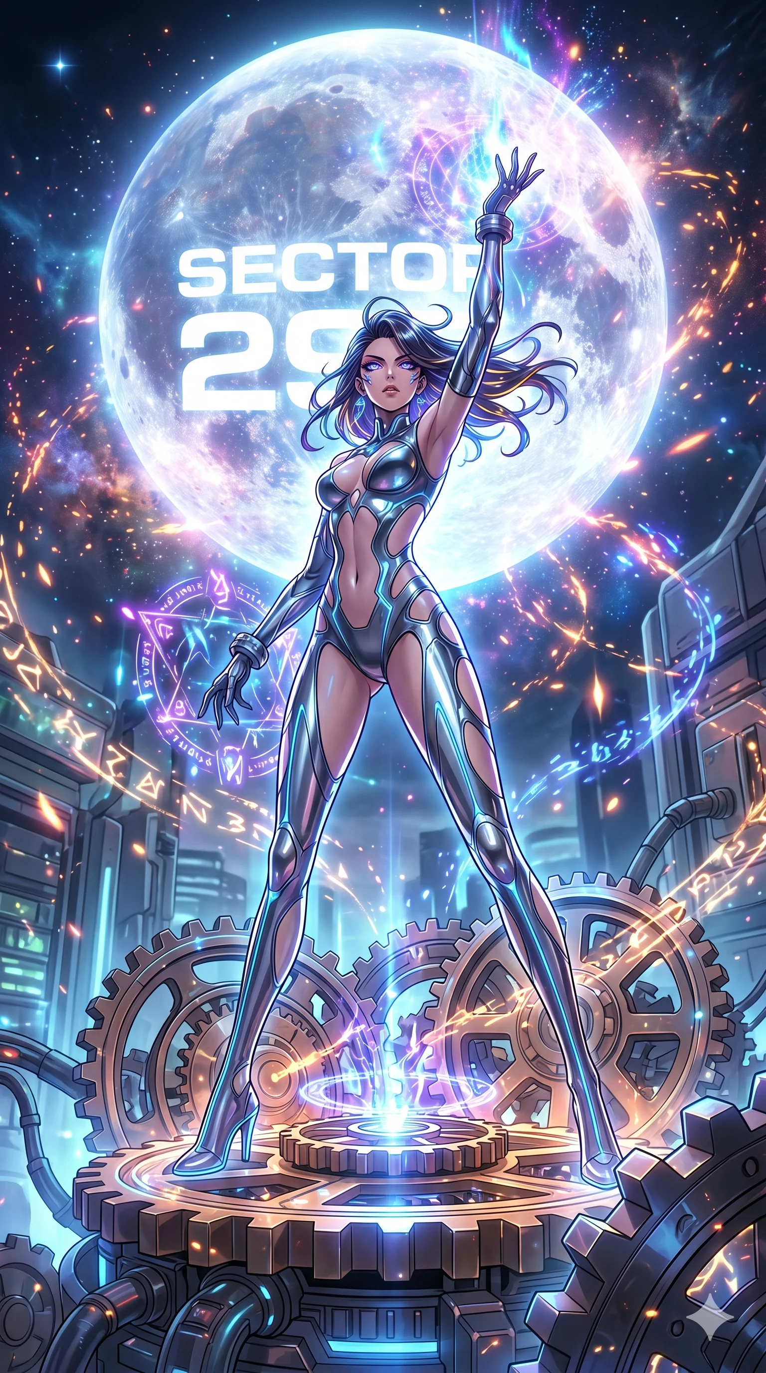 score_9, masterpiece, best quality, ultra-detailed, Set A: High-budget Anime Keyframe, Japanese woman. Low angle cowboy shot filling the entire 9:16 frame with her statuesque presence. Casting a spell through a throne of gears, with a massive holographic moon rising behind her marked as sector 293 and surrounded by glowing energy sparks. She has an absolutely perfect 8-heads proportion, an exceptionally tall and slender female figure with impossibly long slender legs and an ultra-slim waist. Sharp v-shaped jawline, high-bridge nose, intricate jewel-like eyes with depth, thick eyelashes, glossy lips with a natural sheen. Wearing Minimalist tech-suit with negative-space cutouts and liquid metal textures. Cinematic lighting, vibrant colors, dramatic shadows, 2k, ultra detail, master piece, 9:16 ratio