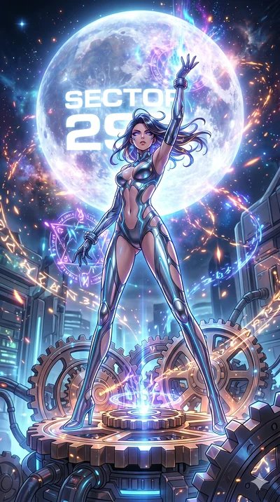 score_9, masterpiece, best quality, ultra-detailed, Set A: High-budget Anime Keyframe, Japanese woman. Low angle cowboy shot filling the entire 9:16 frame with her statuesque presence. Casting a spell through a throne of gears, with a massive hologra