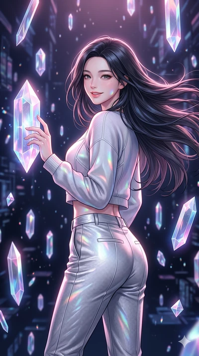 score_9, masterpiece, best quality, ultra-detailed, high-budget anime keyframe, Korean woman. Upper body close-up from the thighs up, character filling the screen for maximum presence. Inside a digital void, surrounded by floating crystal crystals, t