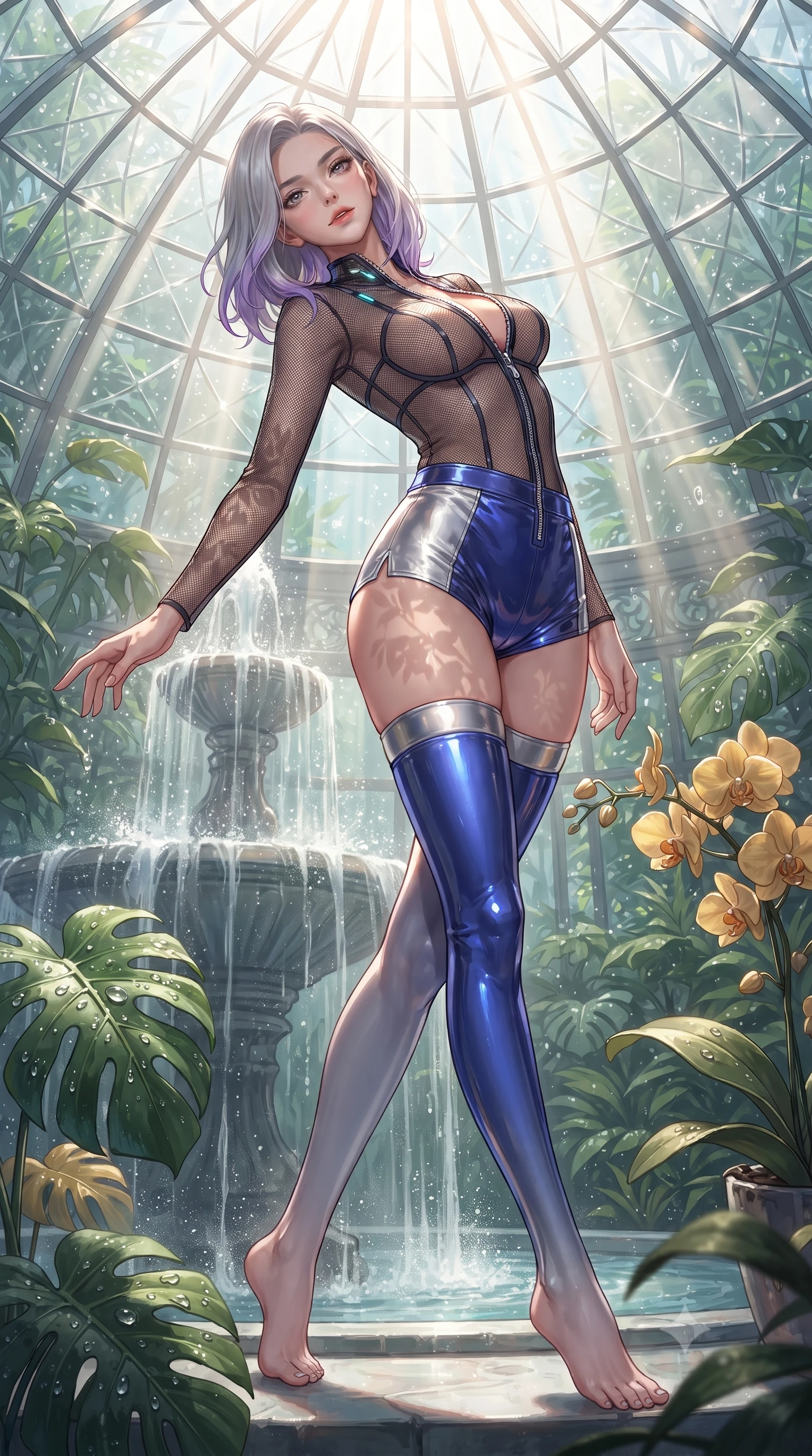 score_9, masterpiece, best quality, ultra-detailed, high-budget anime keyframe, editorial fashion photography, tasteful artistic composition, Caucasian woman. low angle full-body shot from head to toe showing her feet, filling the entire 9:16 vertical frame with her statuesque presence, stretching her vertical silhouette. arching her back in a fluid zero-gravity turn with sovereign grace, her long slender legs and sculpted torso creating a sweeping line while pivoting dynamically beside a cascading glasshouse fountain catching intense volumetric sunbeams. The surrounding environment is rendered in vivid detail and crisp panoramic clarity. intricate crystal glasshouse dome architecture, dewdrop details on Monstera leaves, and golden orchid petals in deep focus. She has an absolutely perfect, statuesque 8.5-heads proportion, an exceptionally tall and slender model-like female figure with impossibly long slender legs, a toned flat midriff, and an ultra-slim waist. sharp v-shaped jawline, high-bridge nose, intricate jewel-like eyes with depth, thick eyelashes, glossy lips with a natural sheen, flawlessly proportioned anatomical accuracy, strict slender model proportions, natural body alignment, perfectly sculpted long slender limbs, ultra-slim waistline, clean dynamic posture without body distortion. wearing a delicate see-through dark mesh top with structured cup boning, paired with high-cut micro-shorts and thigh-high stockings in liquid electric cobalt blue and polished silver, formed from high-gloss patent material with specular light reflections, featuring a dangerously unzipped neckline framed by glowing cybernetic accents, the form-contouring material adhering flawlessly to her sculpted flat midriff and slender torso, emphasizing her long leg lines and perfectly proportioned willowy build. illuminated by fresh botanical ambient radiance with organic leaf-shadow stencils on her skin. ultra-reflective glossy finish, specular highlights, metallic sheen, high-contrast stereoscopic depth, volumetric dynamic lighting, 2k, ultra detail, master piece, 9:16 ratio