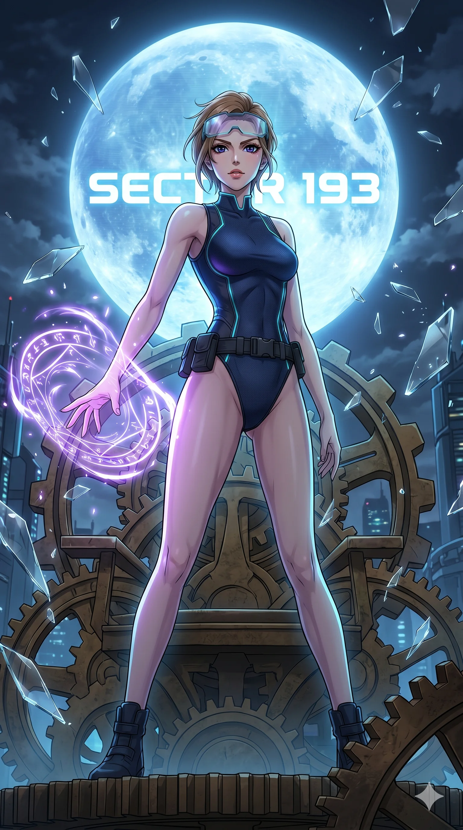 score_9, masterpiece, best quality, ultra-detailed, Set A: High-budget Anime Keyframe, Caucasian (strictly human ears) woman. Low angle cowboy shot filling the entire 9:16 frame with her statuesque presence. Casting a spell through a throne of gears, with a massive holographic moon rising behind her marked as sector 193 and surrounded by shattered glass fragments. She has an absolutely perfect 8-heads proportion, an exceptionally tall and slender female figure with impossibly long slender legs and an ultra-slim waist. Sharp v-shaped jawline, high-bridge nose, intricate jewel-like eyes with depth, thick eyelashes, glossy lips with a natural sheen. Wearing High-cut athletic leotard with glowing trim and a translucent visor accessory. Cinematic lighting, vibrant colors, dramatic shadows, 2k, ultra detail, master piece, 9:16 ratio