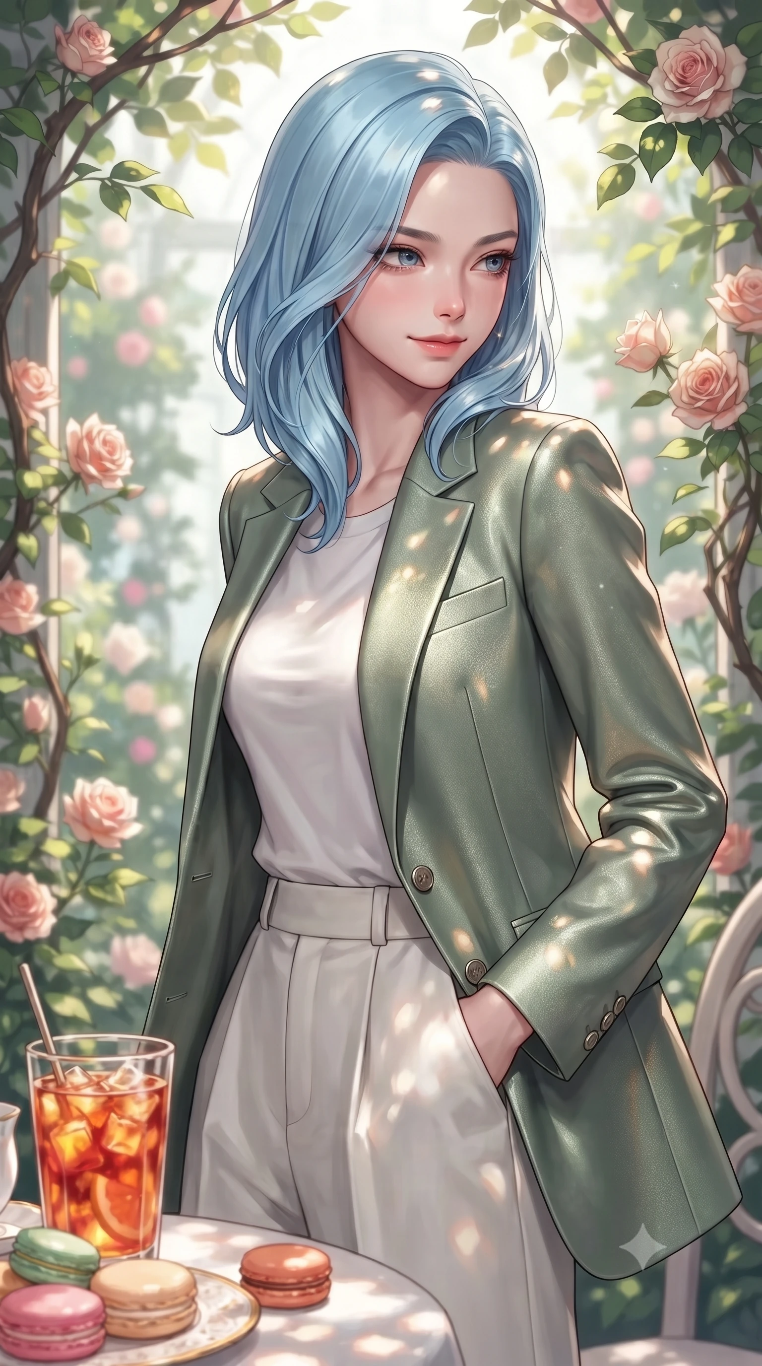 score_9, masterpiece, best quality, ultra-detailed, high-budget anime keyframe, editorial fashion photography, tasteful artistic composition, Korean woman. close-up cowboy shot from the waist and thighs up, the character dominates the composition, filling the frame with her large presence, background elements kept in soft focus. glancing sidelong over her shoulder with an intoxicating, lingering stare and a subtle, knowing smile set against a soft-focus background of inside an exclusive rose conservatory with a glass of iced fruit tea and delicate macaron pastries arranged on the table. She has an exceptionally elegant, slender, and willowy female figure with an ultra-slim waist, a gracefully sculpted slender torso, and a refined silhouette. sharp v-shaped jawline, high-bridge nose, intricate jewel-like eyes with depth, thick eyelashes, glossy lips with a natural sheen. wearing tailored sage green metallic jersey tailored casual blazer paired with a loose tee and wide-leg trousers featuring refined tailored seams. highlighted by dappled sunlight filtering through leafy branches, creating soft organic patterns. highly saturated vibrant anime colors, detailed shading with soft gradients, rich glossy textures, high-contrast stereoscopic depth, volumetric dynamic lighting, master piece, 9:16 ratio