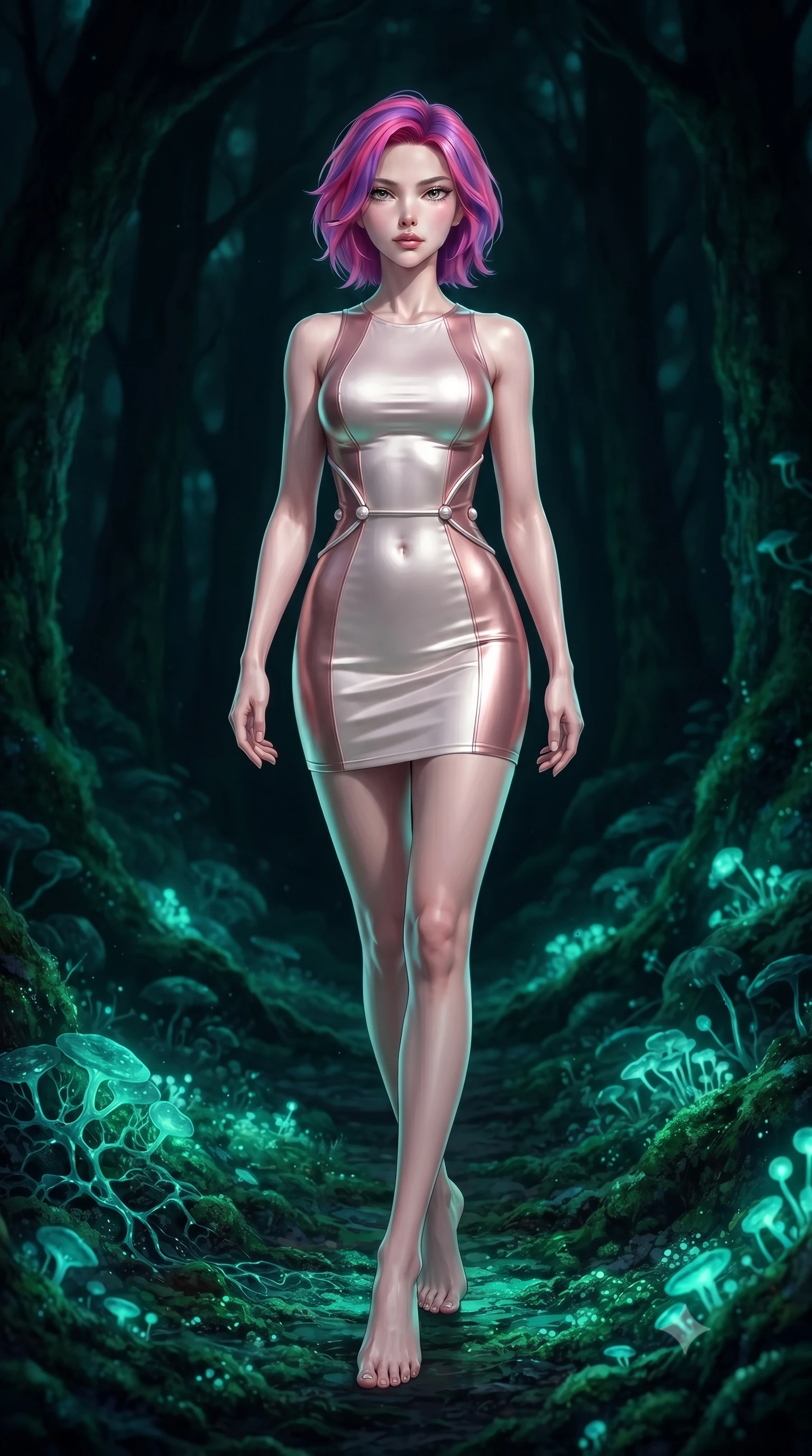 score_9, masterpiece, best quality, ultra-detailed, high-budget anime keyframe, editorial fashion photography, tasteful artistic composition, Caucasian woman. low angle full-body shot from head to toe showing her feet, filling the entire 9:16 vertical frame with her statuesque presence, stretching her vertical silhouette. stepping gracefully through the radiant environment, stretching her statuesque silhouette, walking along a mossy path lit by glowing emerald and cyan fungal networks, deep forest shadow background providing intense subject isolation. She has an absolutely perfect, statuesque 8.5-heads proportion, an exceptionally tall and slender model-like female figure with impossibly long slender legs and an ultra-slim waist. sharp v-shaped jawline, high-bridge nose, intricate jewel-like eyes with depth, thick eyelashes, glossy lips with a natural sheen. wearing aerodynamic second-skin rose-gold metallic bodycon dress in pearl white, made of soft rose-gold satin, adorned with minimalist pearl hardware framing the waistline, sculpting her athletic slender build with refined precision. bathed in soft emerald and cyan light from glowing forest spores. highly saturated vibrant anime colors, detailed shading with soft gradients, rich glossy textures, high-contrast stereoscopic depth, volumetric dynamic lighting, master piece, 9:16 ratio