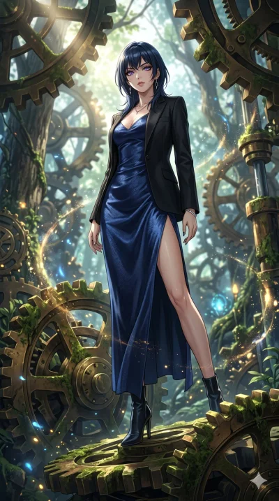 score_9, masterpiece, best quality, ultra-detailed, High-budget Anime Keyframe, beautiful Japanese anime girl. Upper body close-up from the thighs up, character filling the screen for maximum presence. Standing on a giant gear in a clockwork forest w