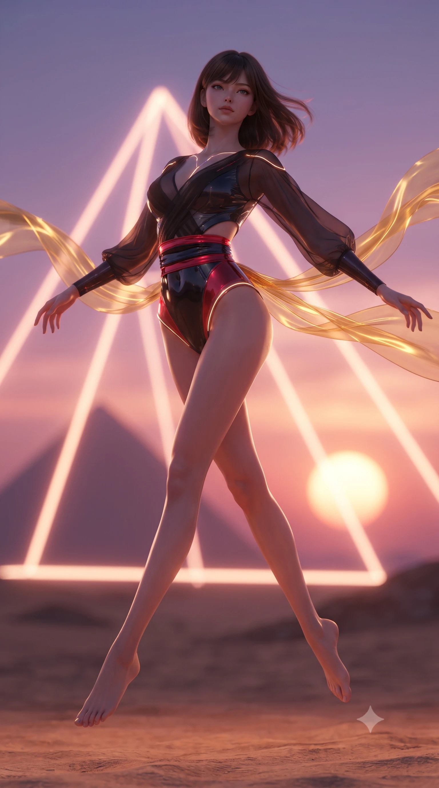 score_9, masterpiece, best quality, ultra-detailed, high-budget anime keyframe, editorial fashion photography, tasteful artistic composition, Korean woman. low angle full-body shot from head to toe showing her feet, filling the entire 9:16 vertical frame with her statuesque presence, stretching her vertical silhouette. leaping through mid-air with an athletic yet alluring arch of her spine, her impossibly long slender legs stretched in flawless poise while standing with sovereign majesty in the desert wind as glowing golden fabric whips around her slender figure. The composition keeps background elements in soft focus with creamy bokeh. giant glowing neon pyramid wireframes and twin setting suns blurred into radiant amber and violet bokeh. She has an absolutely perfect, statuesque 8.5-heads proportion, an exceptionally tall and slender model-like female figure with impossibly long slender legs and an ultra-slim waist. sharp v-shaped jawline, high-bridge nose, intricate jewel-like eyes with depth, thick eyelashes, glossy lips with a natural sheen, flawlessly proportioned anatomical accuracy, natural body alignment, perfectly sculpted elegant limbs, clean dynamic posture without body distortion. wearing a shortened cyber-fusion wrap top with transparent chiffon panels, a deep crossover neckline, and a high-waisted metallic sash that accentuates her ultra-slim waist in glossy obsidian black and radiant crimson red, tailored from semi-translucent cybernetic vinyl with glowing micro-filaments, accented with glowing fiber-optic seams tracing her collarbones and hip curves, the daring cutouts accentuating her delicate midriff, graceful collarbones, and feminine contour. illuminated by deep rose-gold horizon glow with crisp specular rim lights outlining her torso. ultra-reflective glossy finish, specular highlights, metallic sheen, high-contrast stereoscopic depth, volumetric dynamic lighting, 2k, ultra detail, master piece, 9:16 ratio