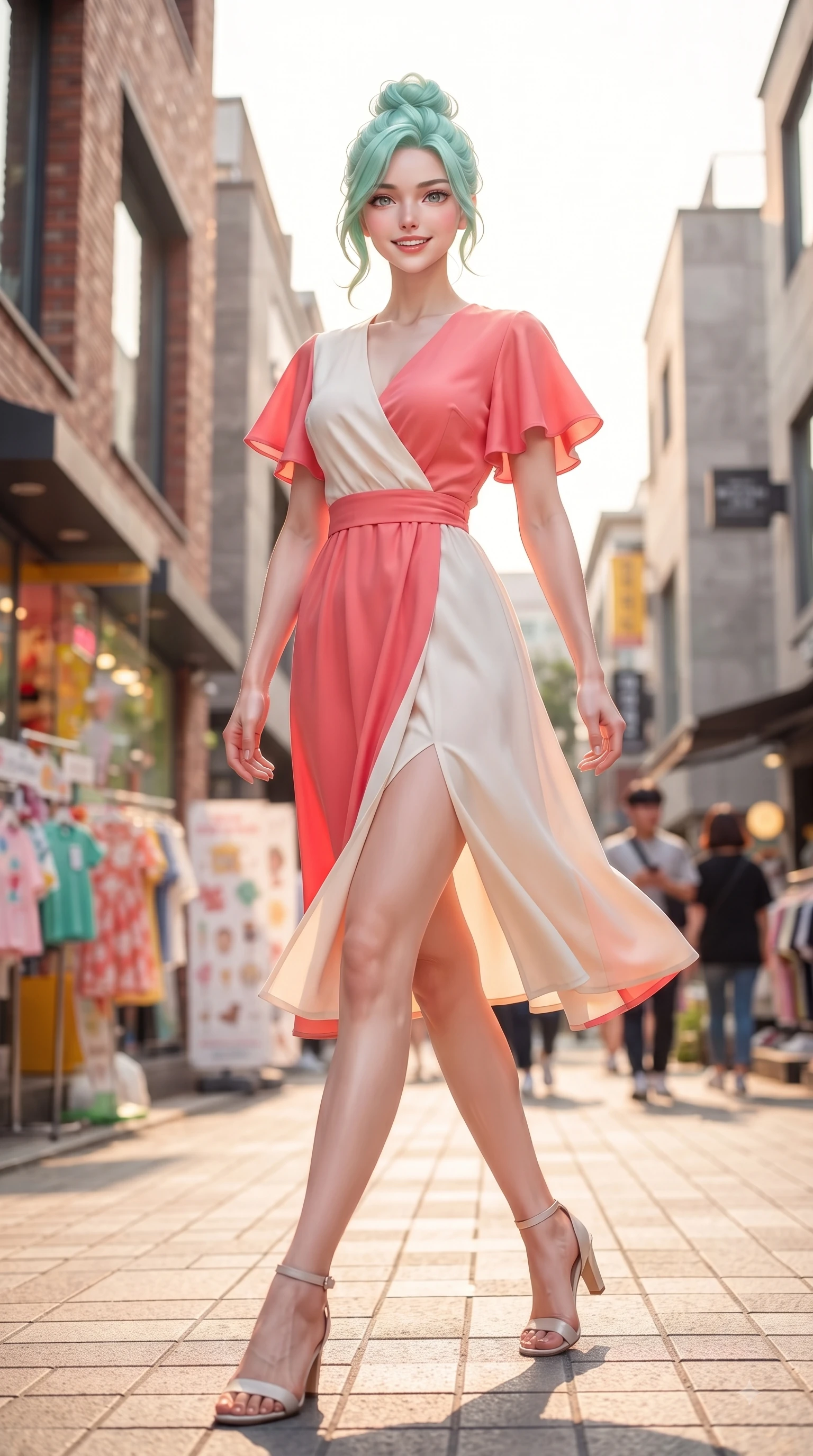score_9, masterpiece, best quality, ultra-detailed, high-budget anime keyframe, editorial fashion photography, tasteful artistic composition, Japanese woman. low angle full-body shot from head to toe showing her feet, filling the entire 9:16 vertical frame with her statuesque presence, stretching her vertical silhouette. pivoting dynamically with a fresh infectious smile, her ultra-slim waist creating a sweeping fluid curve while walking dynamically down a sunlit Seongsu boutique street lined with modern brick cafes. The composition keeps background elements in soft focus with dreamy bokeh. vibrant shop displays and golden afternoon light scattering into a soft-focus backdrop. She has an absolutely perfect, statuesque 8.5-heads proportion, an exceptionally tall and slender model-like female figure with impossibly long slender legs and an ultra-slim waist. sharp v-shaped jawline, high-bridge nose, intricate jewel-like eyes with depth, thick eyelashes, glossy lips with a natural sheen, flawlessly proportioned anatomical accuracy, natural body alignment, perfectly sculpted elegant limbs, clean dynamic posture without body distortion. wearing an elegant V-neck silk wrap dress with fluttery short sleeves and a cinched waist in vibrant coral pink and pure ivory, tailored from fine wool crepe with clean lines, featuring a sleek side leg slit ascending to mid-thigh, the glove-like fit emphasizing her statuesque silhouette during motion. surrounded by a lively, stylish, and fresh city atmosphere. ultra-reflective glossy finish, specular highlights, metallic sheen, high-contrast stereoscopic depth, volumetric dynamic lighting, 2k, ultra detail, master piece, 9:16 ratio