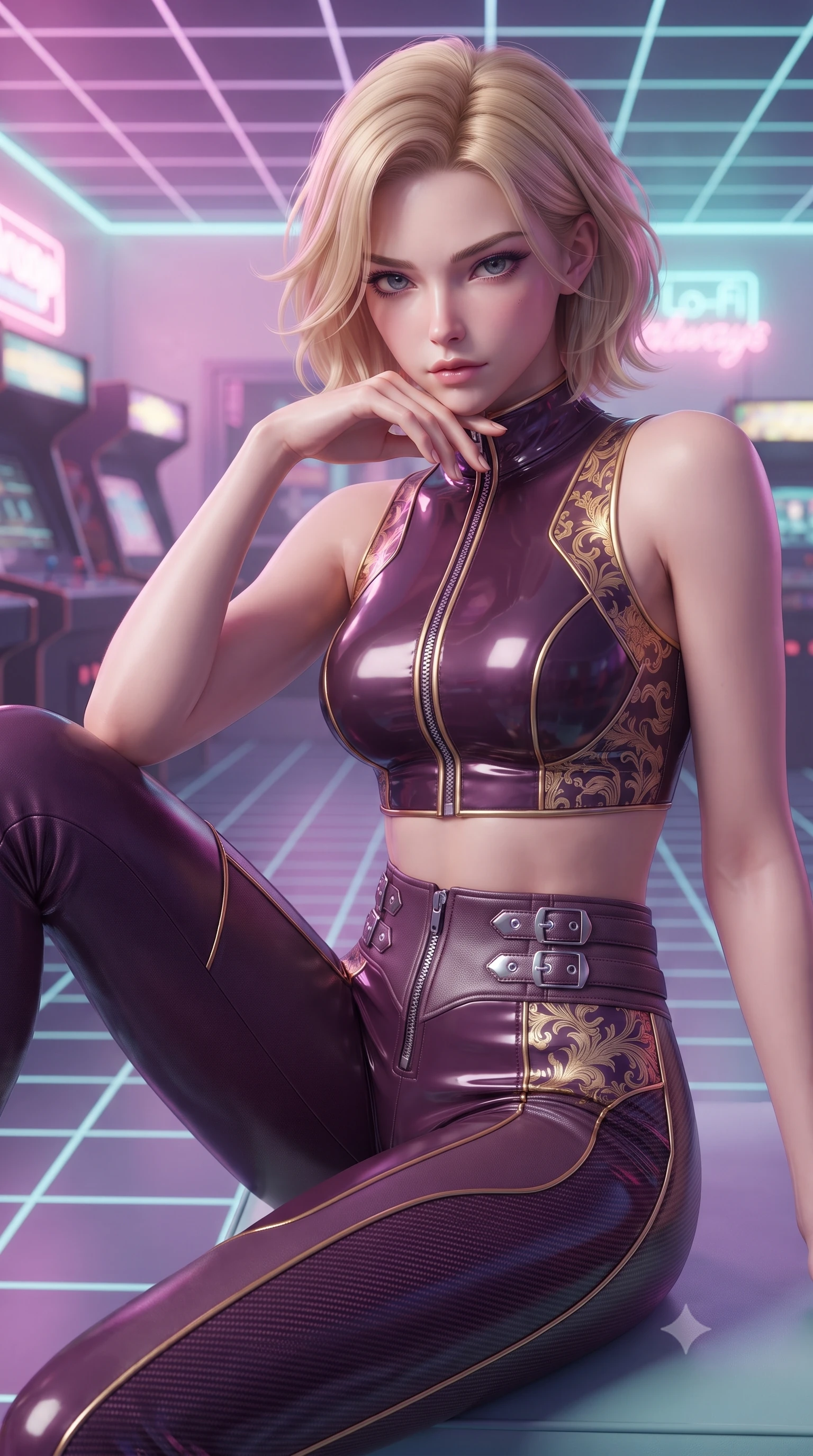 score_9, masterpiece, best quality, ultra-detailed, high-budget anime keyframe, editorial fashion photography, tasteful artistic composition, Caucasian woman. close-up cowboy shot from the waist and thighs up, the character dominates the composition, filling the frame with her large presence, background elements kept in soft focus. Resting her chin on the backs of her fingers, casting a sharp, mysterious gaze lounging in a retro-futuristic arcade lounge with lo-fi pastel lighting, lo-fi synthwave grid patterns running across floor and ceiling. She has an exceptionally elegant, slender, and willowy female figure with an ultra-slim waist, a gracefully sculpted slender torso, and a refined silhouette. sharp v-shaped jawline, high-bridge nose, intricate jewel-like eyes with depth, thick eyelashes, glossy lips with a natural sheen. wearing a glossy vinyl crop top and high-waist tailored leggings with sleek zippers in plum purple and gold filigree, made of fine carbon-fiber weave and soft matte leather, detailed with polished silver buckles along the waistline, the tailored fabric tightly following every curve of her athletic build. illuminated by retro lo-fi backlighting and brilliant liquid speculars. ultra-reflective glossy finish, specular highlights, metallic sheen, high-contrast stereoscopic depth, volumetric dynamic lighting, 2k, ultra detail, master piece, 9:16 ratio