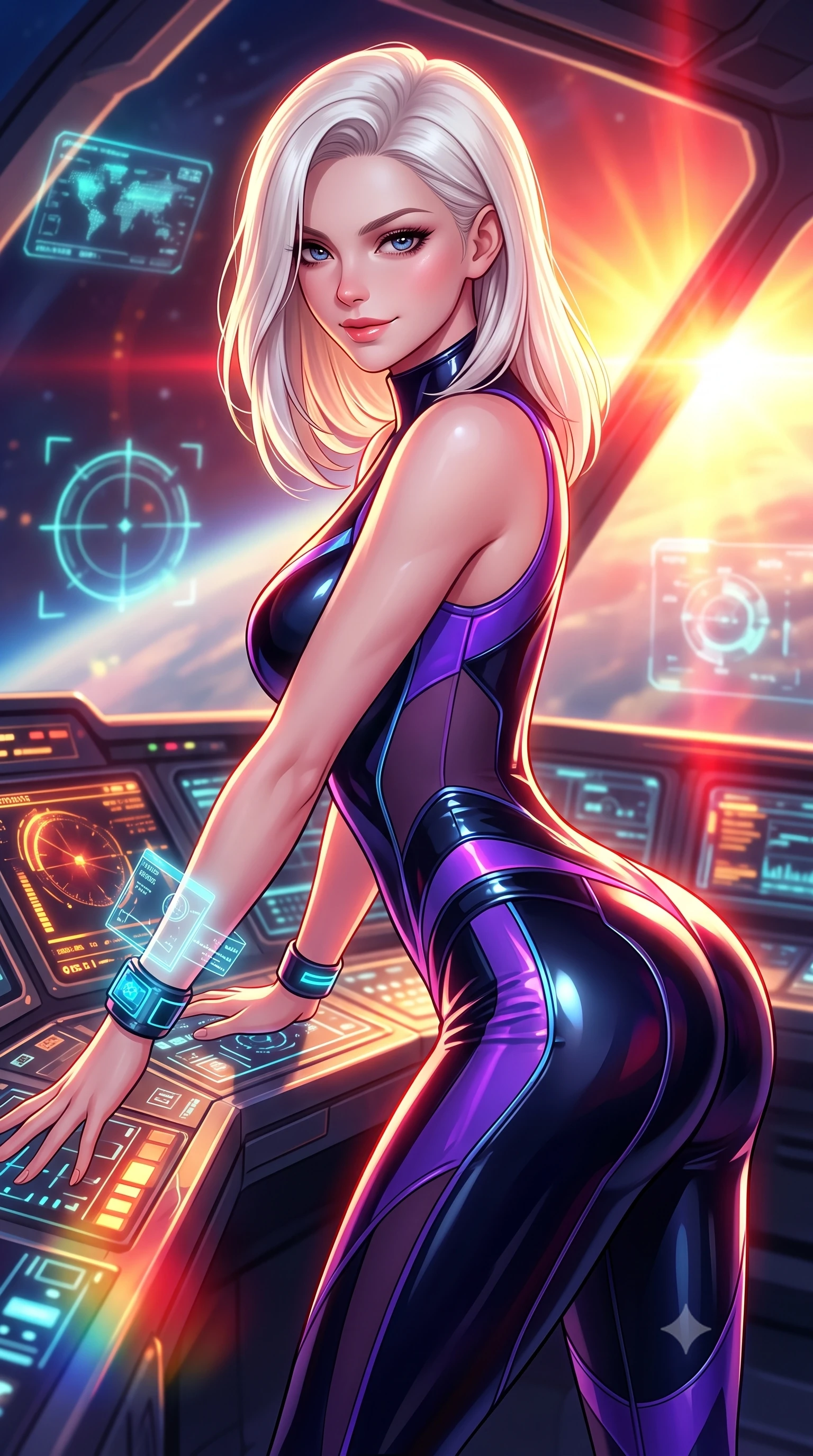score_9, masterpiece, best quality, ultra-detailed, high-budget anime keyframe, semi-realistic 3D game render, editorial fashion photography, tasteful artistic composition, Caucasian woman. close-up cowboy shot from the waist and thighs up, the character dominates the composition, filling the frame with her large presence. leaning forward over the illuminated command console while arching her lower back to accentuate her curvy hips, looking into the camera with a confident smoldering smile and intense bedroom-eyes while twisting her slender torso in an alluring contrapposto stance beside the flight yoke, glowing cockpit avionics tracing her tight suit curves. The background shows a soft-focus floating holographic flight reticles and cockpit canopy micro-circuits softened in thrilling spaceflight shallow focus. She has an exceptionally elegant, slender, and willowy female figure with an ultra-slim waist, flat toned midriff, narrow ribcage, and sculpted feminine hips creating an alluring, slim hourglass silhouette without bulk. sharp v-shaped jawline, high-bridge nose, intricate jewel-like sparkling eyes with depth, thick eyelashes, glossy parted lips with a natural sheen, bright confident smile with an enchanting and coquettish sensual glint, exuding both youthful magnetic charm and sovereign high-tech allure, flawlessly proportioned anatomical accuracy, strict slender model proportions, natural body alignment, perfectly sculpted long slender limbs, ultra-slim waistline, clean dynamic posture without body distortion. wearing a sleeveless high-collar cyber pilot suit in liquid-look obsidian jersey with strategic sheer ventilation panels in neon electric violet and deep space obsidian, tailored from ultra-reflective glossy liquid vinyl with mirror-like specular highlights, featuring sleek glowing cyan HUD display wrist cuffs with floating data telemetry, the aerodynamic second-skin silhouette tightly following the natural contour of her hips and long slender legs with youthful 8.5-heads elegance. bathed in intense yellow and crimson light flares from the erupting sun casting dynamic reflections. highly saturated vibrant anime colors, detailed shading with soft gradients, rich glossy textures, high-contrast stereoscopic depth, volumetric dynamic lighting, master piece, 9:16 ratio