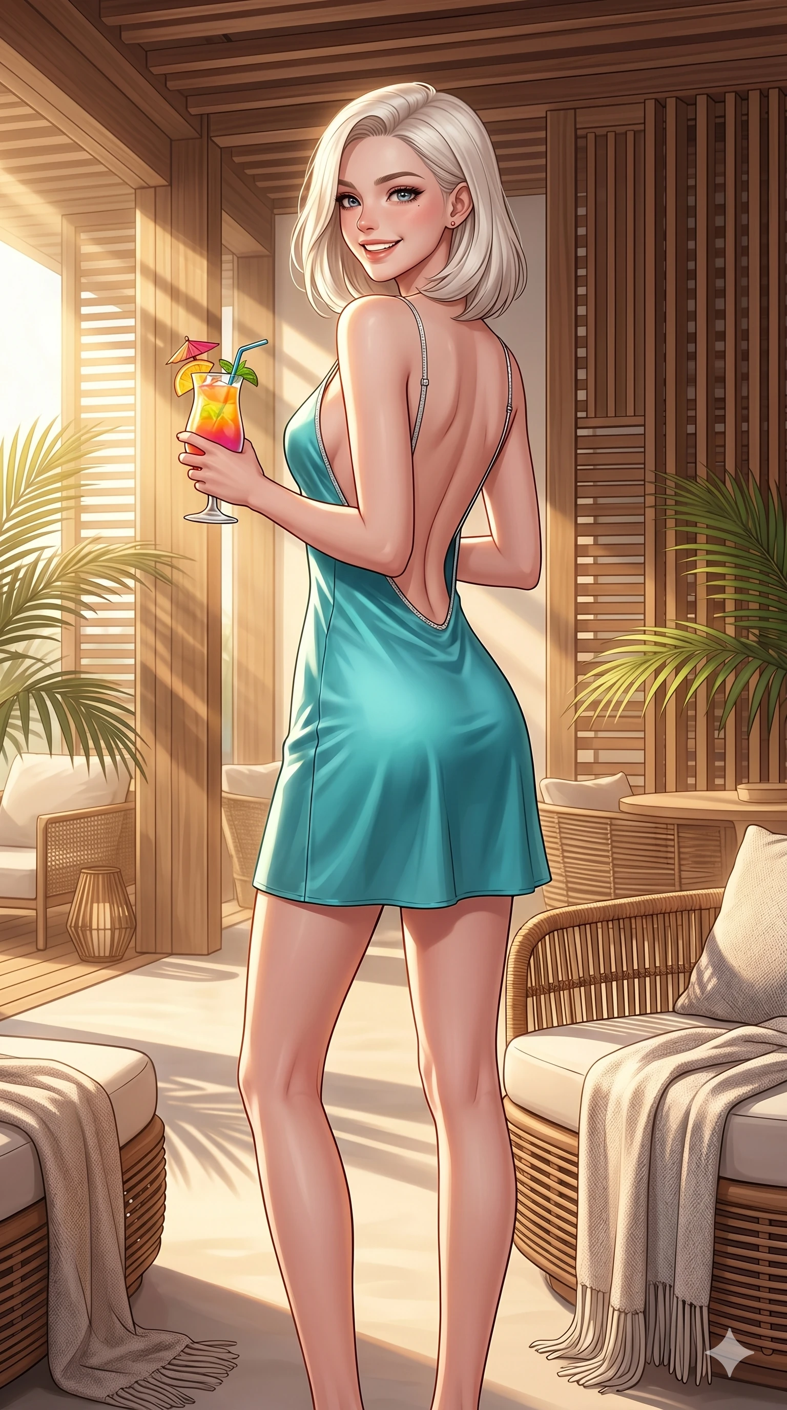 score_9, masterpiece, best quality, ultra-detailed, high-budget anime keyframe, editorial fashion photography, tasteful artistic composition, Caucasian woman, strictly human ears. cowboy shot from the thighs up, character and outfit filling the frame for maximum editorial presence. holding a tropical drink, looking back with a bright, playful grin inside a luxury beach club lounge with modern wooden decor. She has an absolutely perfect 8-heads proportion, an exceptionally tall and slender female figure with impossibly long slender legs and an ultra-slim waist. V-shaped jawline, high-bridge nose, intricate jewel-like eyes with depth, thick eyelashes, glossy lips with a natural sheen. wearing a turquoise silk slip dress with an open-back design and delicate silver straps. bathed in warm afternoon sunbeams streaming through the open lounge front. 2k, ultra detail, master piece, 9:16 ratio
