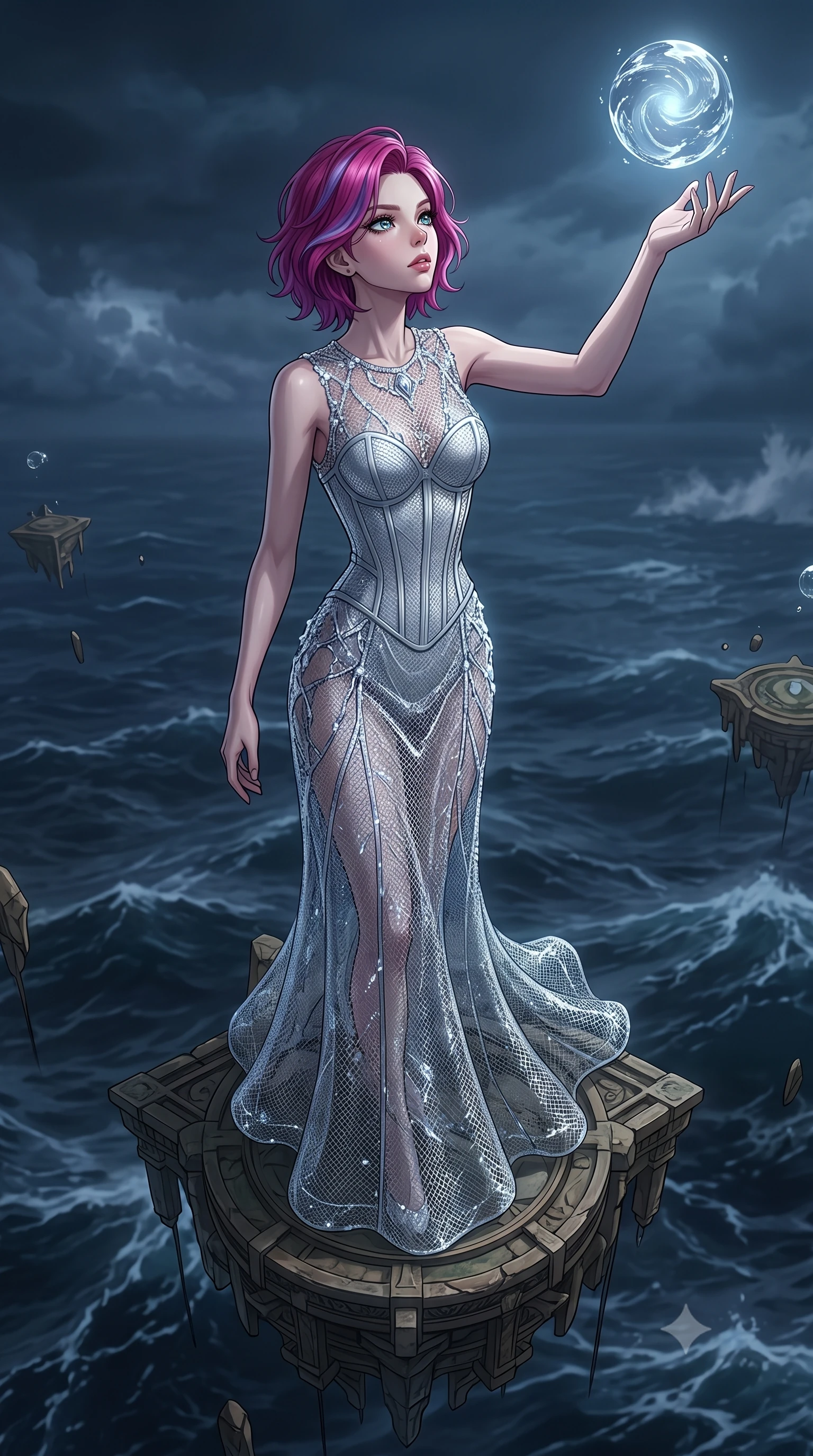 score_9, masterpiece, best quality, ultra-detailed, High-budget Anime Keyframe, Caucasian woman, strictly human ears. Low angle cowboy shot filling the entire 9:16 frame with her statuesque presence. Scenario 469: reaching out to catch a floating sphere of liquid light in a floating platform suspended over a stormy sea of dark blue water. Her presence is magnetic and overpowering in this high-budget anime scene. Outfit 469: a tailored liquid silver micro-mesh lace gown layered over a structured corset bodice. The clothing is designed to emphasize her exceptionally tall and slender 8-heads proportion. 8-heads proportion, towering silhouette, ultra-slim waist. sharp v-shaped jawline, intricate jewel-like eyes with depth, thick eyelashes, glossy lips. 2k, ultra detail, master piece, 9:16 ratio