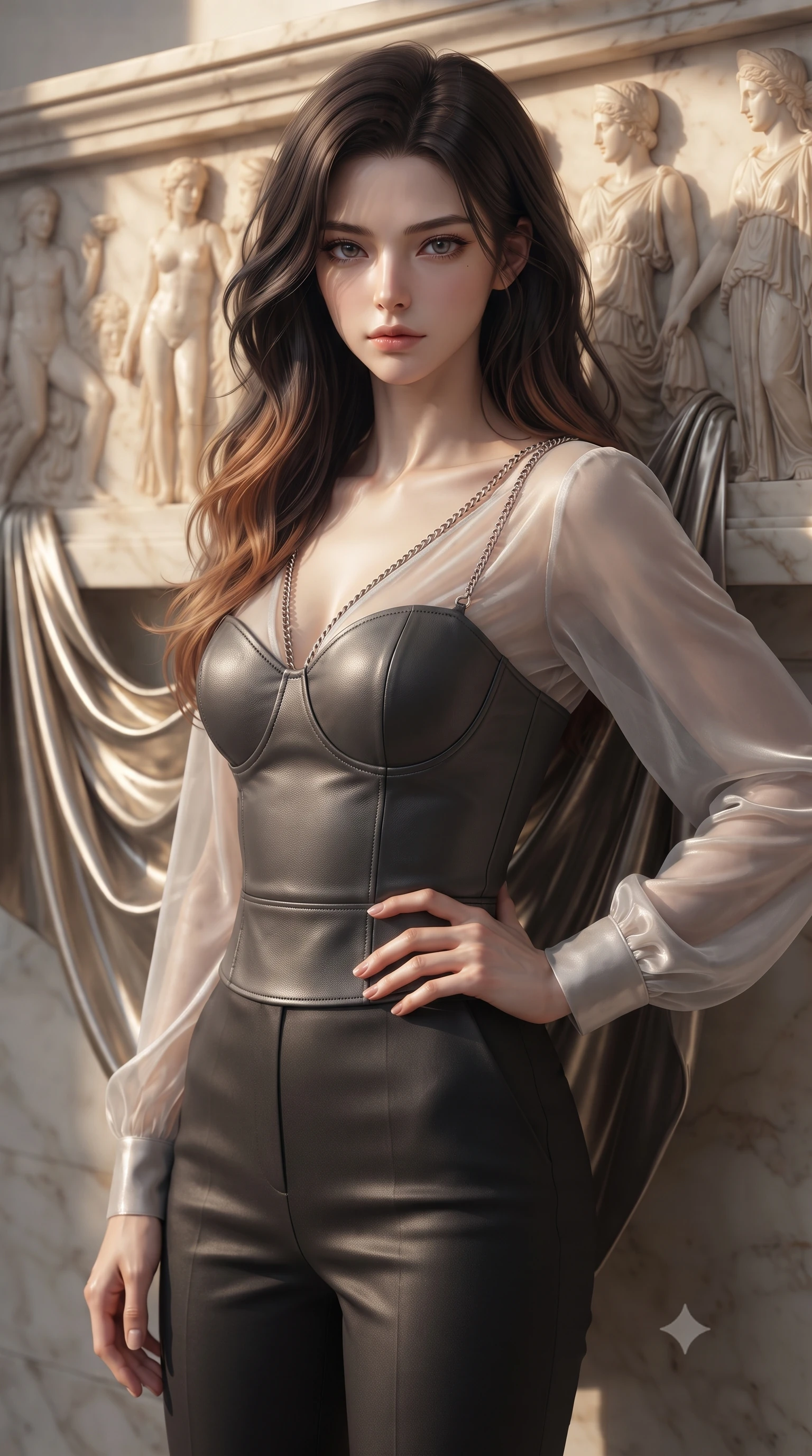 score_9, masterpiece, best quality, ultra-detailed, high-budget anime keyframe, editorial fashion photography, tasteful artistic composition, Korean woman. close-up cowboy shot from the waist and thighs up, the character dominates the composition, filling the frame with her large presence, background elements kept in soft focus. Holding a confident power pose with one hand on her hip, gazing directly into the camera with quiet intensity poised beside a carved marble frieze reflecting warm golden sunbeams, draped metallic fabric echoing the graceful carved folds of classical sculptures. She has an exceptionally elegant, slender, and willowy female figure with an ultra-slim waist, a gracefully sculpted slender torso, and a refined silhouette. sharp v-shaped jawline, high-bridge nose, intricate jewel-like eyes with depth, thick eyelashes, glossy lips with a natural sheen. wearing a tailored leather bustier over a sheer silk chiffon blouse in charcoal grey and platinum, made of premium stretch velvet with a rich sheen, adorned with delicate metallic chain straps along the neckline, the elegant draped fit framing her graceful clavicle and slender torso. surrounded by a noble, timeless acropolis radiance. ultra-reflective glossy finish, specular highlights, metallic sheen, high-contrast stereoscopic depth, volumetric dynamic lighting, 2k, ultra detail, master piece, 9:16 ratio