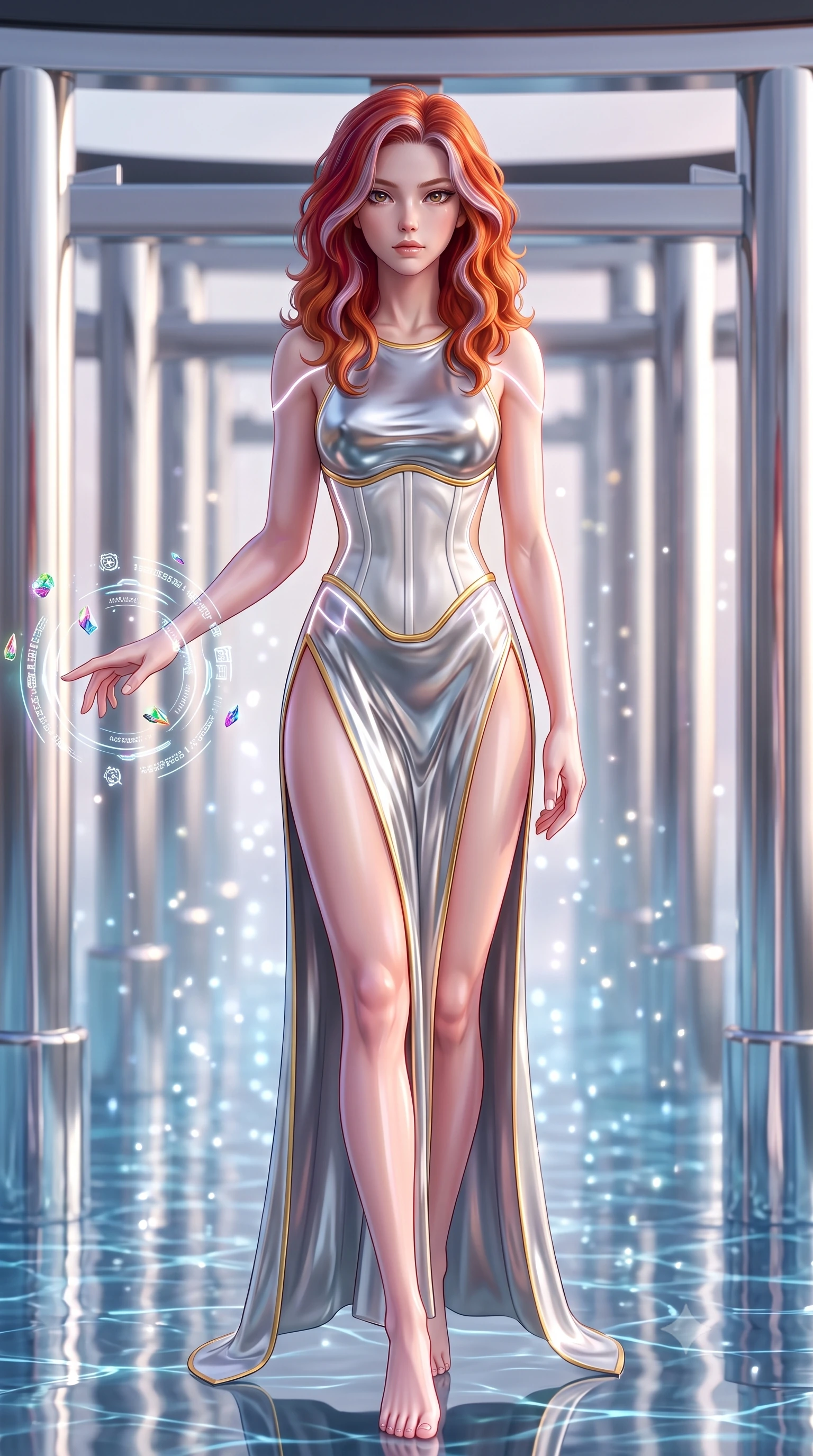 score_9, masterpiece, best quality, ultra-detailed, high-budget anime keyframe, semi-realistic 3D game render, editorial fashion photography, tasteful artistic composition, Caucasian woman. close-up cowboy shot from the waist and thighs up, the character dominates the composition, filling the frame with her large presence. extending one arm gracefully as floating holographic glyphs and nano-crystals orbit her fingertips with sovereign power while striding gracefully along a mirrored chrome torii gate arcade suspended above a digital water matrix. The composition keeps background elements in soft focus with creamy bokeh. sparkling water matrix light motes creating a soft, luminous background curtain. She has an exceptionally elegant, slender, and willowy female figure with an ultra-slim waist, a gracefully sculpted slender torso, toned flat midriff, and a refined slim silhouette. sharp v-shaped jawline, high-bridge nose, intricate jewel-like eyes with depth, thick eyelashes, glossy lips with a natural sheen, flawlessly proportioned anatomical accuracy, strict slender model proportions, natural body alignment, perfectly sculpted long slender limbs, ultra-slim waistline, clean dynamic posture without body distortion. wearing a backless molten silver liquid-metal gown with a high-cut side slit and precision-fitted waist boning in pristine liquid pearl white and radiant solar gold trim, formed from high-gloss patent material with specular chiaroscuro reflections, accented with glowing fiber-optic seams tracing her collarbones and hip curves, the liquid-tight tailored fabric emphasizing every curve of her tall, slender model proportions and sculptured silhouette during dynamic movement. surrounded by an ethereal, timeless, and captivatingly graceful oriental cyber-goddess aura. rich saturated anime colors with glowing neon highlights, detailed shading with soft gradients, rich glossy textures, high-contrast stereoscopic depth, volumetric dynamic lighting, master piece, 9:16 ratio