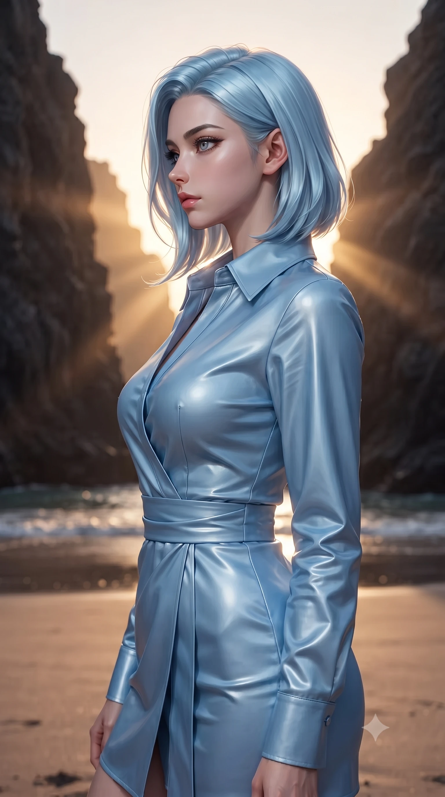 score_9, masterpiece, best quality, ultra-detailed, high-budget anime keyframe, editorial fashion photography, tasteful artistic composition, Korean woman woman. close-up cowboy shot from the waist and thighs up, the character dominates the composition, filling the frame with her large presence, background elements kept in soft focus. turning her face in sharp profile, casting a cold, mysterious, yet intensely alluring side gaze, the background shows a soft-focus a small private sandy bay bordered by towering dark volcanic cliffs. She has an exceptionally elegant, slender, and willowy female figure with an ultra-slim waist, a gracefully sculpted slender torso, and a refined silhouette. sharp v-shaped jawline, high-bridge nose, intricate jewel-like eyes with depth, thick eyelashes, glossy lips with a natural sheen. wearing a form-contouring tailored cotton wrap shirt dress in sky blue with a neat collar and structured waist tie. warm golden sunset rays slicing through the cliff gaps, highlighting her silhouette. ultra-reflective glossy finish, specular highlights, metallic sheen, high-contrast stereoscopic depth, volumetric dynamic lighting, 2k, ultra detail, master piece, 9:16 ratio