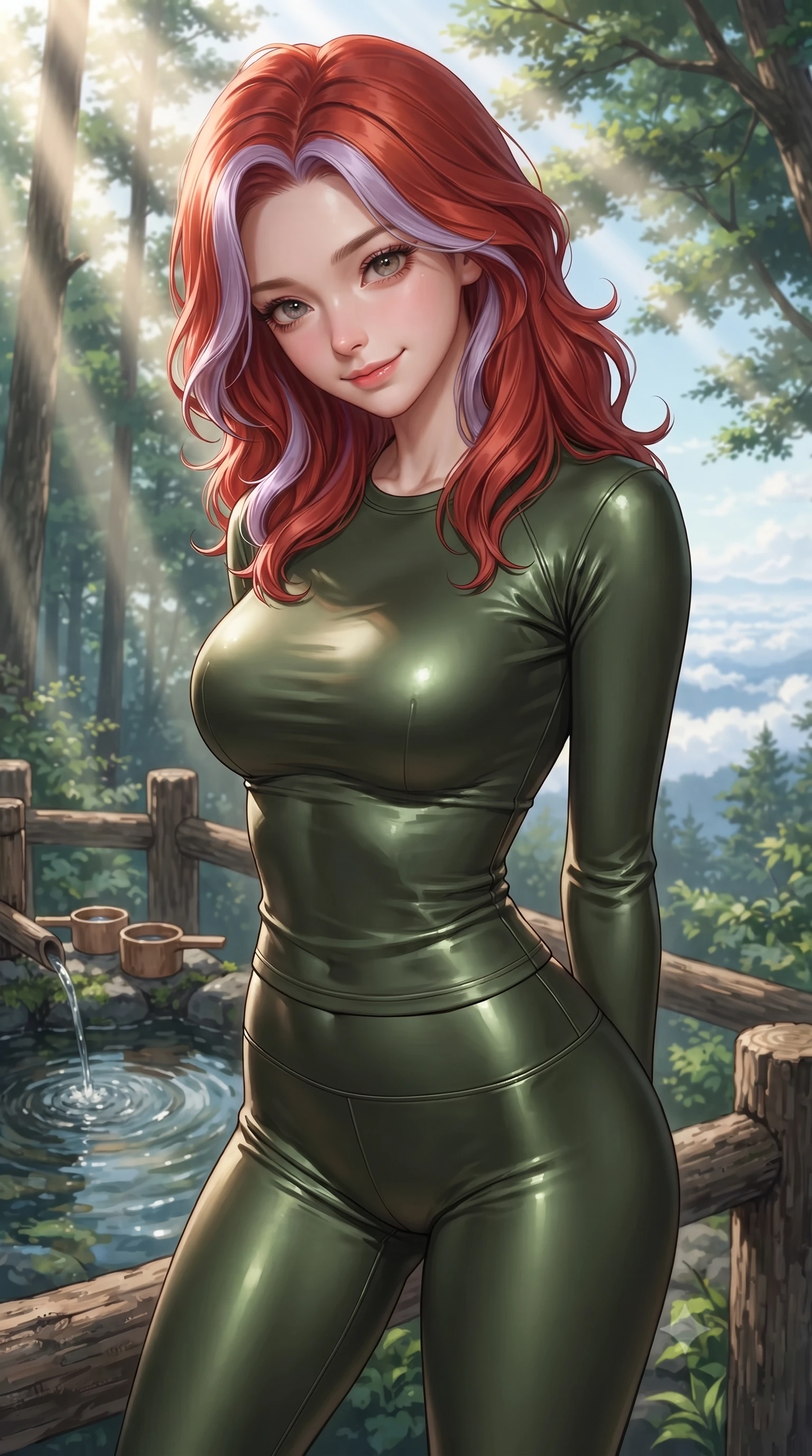 score_9, masterpiece, best quality, ultra-detailed, high-budget anime keyframe, editorial fashion photography, tasteful artistic composition, Caucasian woman. close-up cowboy shot from the waist and thighs up, the character dominates the composition, filling the frame with her large presence, background elements kept in soft focus. tilting her chin down slightly, looking up at the viewer with a sweet, charming smile set against a soft-focus background of next to a mountain spring well with clear water and wooden cups resting on a wooden fence with a view of the distant clouds below. She has an exceptionally elegant, slender, and willowy female figure with an ultra-slim waist, a gracefully sculpted slender torso, and a refined silhouette. sharp v-shaped jawline, high-bridge nose, intricate jewel-like eyes with depth, thick eyelashes, glossy lips with a natural sheen. wearing form-contouring tight-fitting athletic long-sleeve top in olive green, paired with form-contouring leggings. volumetric sunbeams slicing through the forest trees, creating light rays. ultra-reflective glossy finish, specular highlights, metallic sheen, high-contrast stereoscopic depth, volumetric dynamic lighting, 2k, ultra detail, master piece, 9:16 ratio