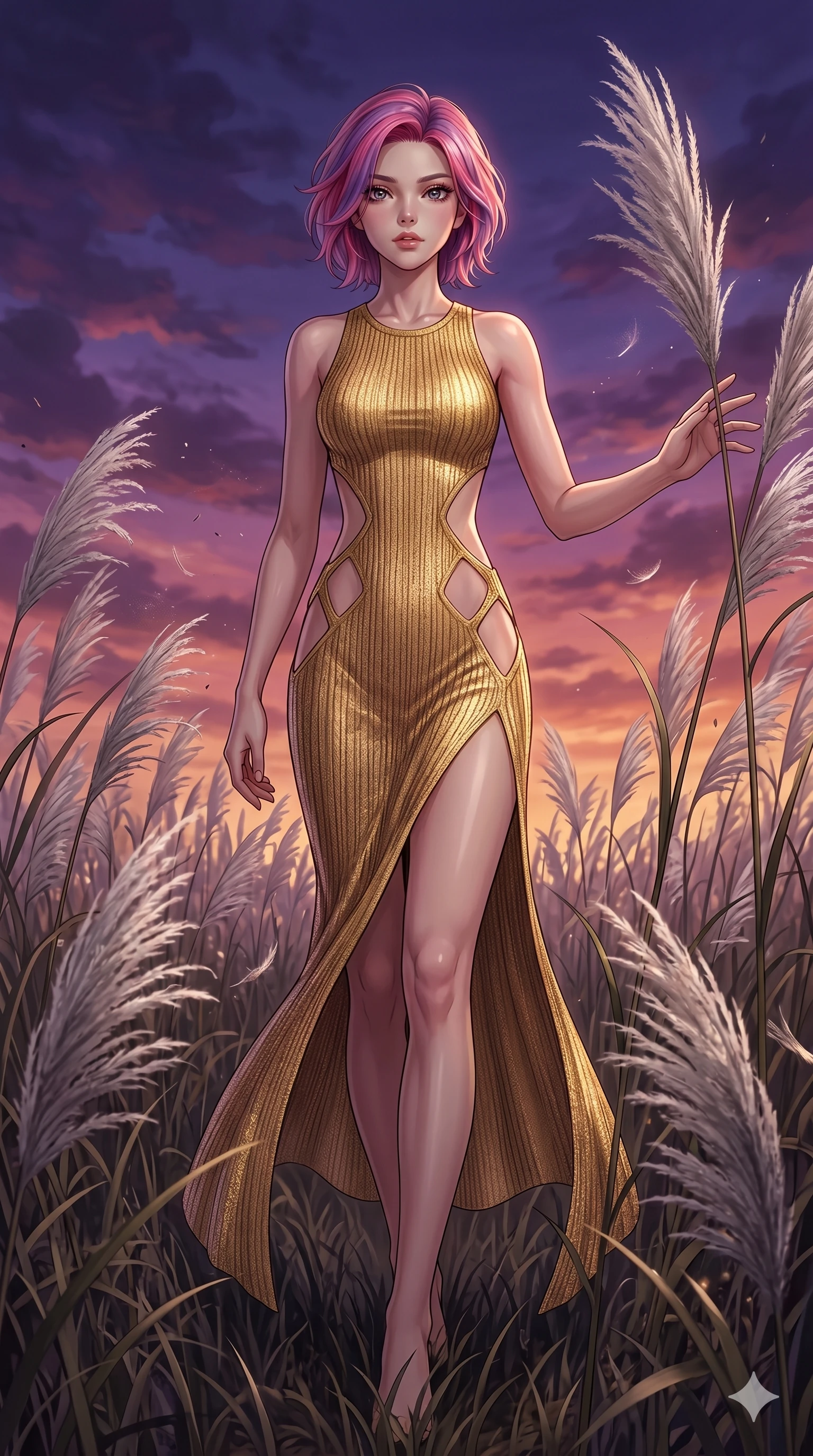 score_9, masterpiece, best quality, ultra-detailed, High-budget Anime Keyframe, East Asian woman. Dynamic full-body shot stretching the vertical silhouette to the limit. Scenario 258: Walking through a field of tall silver grass at twilight. Her presence is magnetic and overpowering in this high-budget anime scene. Outfit 258: A ribbed bodycon knit gold with a strategic side cut-outs and tight-fitting silhouette. The clothing is designed to emphasize her exceptionally tall and slender 8-heads proportion. 8-heads proportion, towering silhouette, ultra-slim waist. sharp v-shaped jawline, intricate jewel-like eyes with depth, thick eyelashes, glossy lips. 2k, ultra detail, master piece, 9:16 ratio