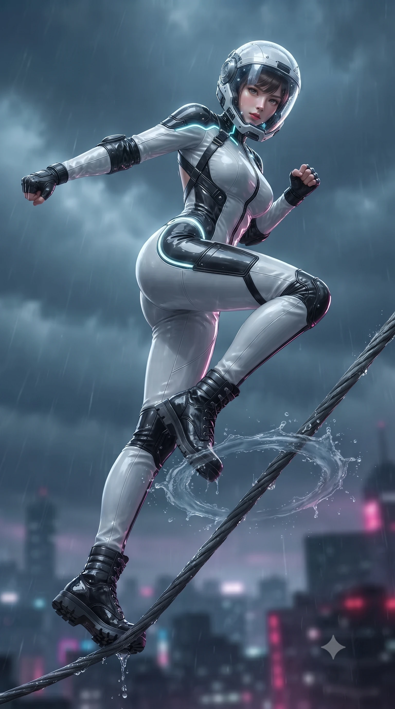 score_9, masterpiece, best quality, ultra-detailed, high-budget anime keyframe, editorial fashion photography, tasteful artistic composition, Korean woman. low angle full-body shot from head to toe showing her feet, filling the entire 9:16 vertical frame with her statuesque presence, stretching her vertical silhouette. leaping into mid-air with an athletic yet alluring arch of her spine, driving a downward kinetic strike surrounded by a ring of displaced air while striding commanding across the wet suspension cables with sovereign balance and supreme athletic poise. The composition keeps background elements in soft focus with creamy bokeh. violent storm clouds and distant glowing city spires blurred into clean slate-blue, magenta, and dark charcoal bokeh. She has an absolutely perfect, statuesque 8.5-heads proportion, an exceptionally tall and slender model-like female figure with impossibly long slender legs, a toned flat midriff, and an ultra-slim waist. sharp v-shaped jawline, high-bridge nose, intricate jewel-like eyes with depth, thick eyelashes, glossy lips with a natural sheen, fierce and resolute heroine expression, flawlessly proportioned anatomical accuracy, strict slender model proportions, natural body alignment, perfectly sculpted long slender limbs, ultra-slim waistline, clean dynamic posture without body distortion. wearing a crystal-clear transparent armored riot-visor helmet showing her entire beautiful face and determined expression with pristine clarity, paired with a tailored tactical combat jumpsuit with an open-back harness design, reinforced composite breastplate, and high-mobility elbow dampers in monochrome white enamel carbon with high-contrast black tactical panels, formed from high-gloss patent carbon-plating with specular dystopian chiaroscuro reflections, accented with glowing fiber-optic telemetry conduits tracing her collarbones and hip curves, the sleek second-skin cut tightly hugging her graceful clavicle, narrow waist, and feminine curves with athletic precision. surrounded by an elevated, supreme, and breathtakingly courageous high-altitude defender aura. ultra-reflective glossy finish, specular highlights, dark metallic sheen, high-contrast stereoscopic depth, volumetric dynamic lighting, 2k, ultra detail, master piece, 9:16 ratio