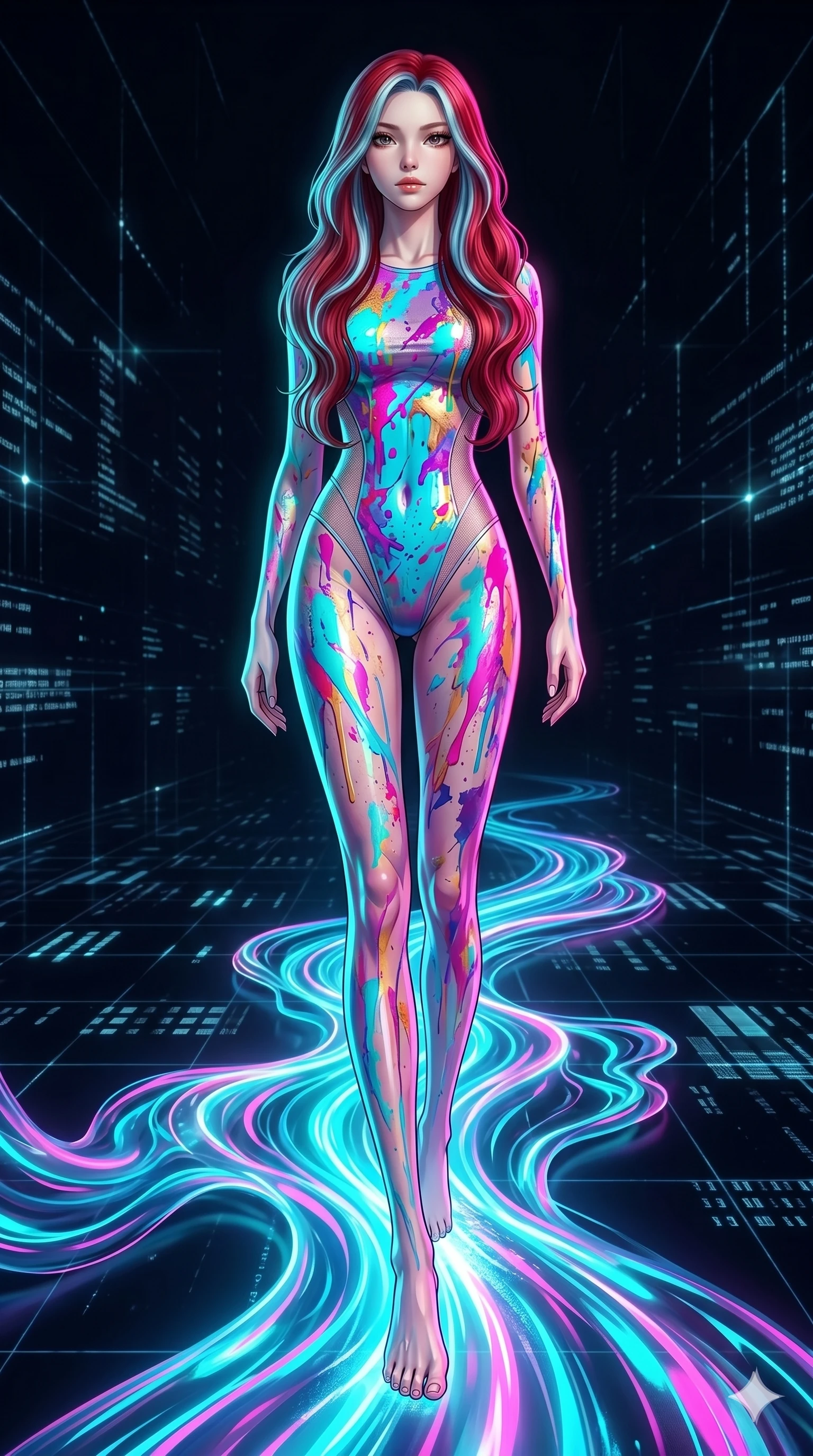 score_9, masterpiece, best quality, ultra-detailed, high-budget anime keyframe, Caucasian woman, strictly human ears. low angle full-body shot filling the entire 9:16 frame with her statuesque presence, stretching the vertical silhouette. stepping on holographic fluid ribbons of sound that ripple with cyan and magenta light in a dark virtual void. She has an absolutely perfect 8-heads proportion, an exceptionally tall and slender female figure with impossibly long slender legs and an ultra-slim waist. V-shaped jawline, high-bridge nose, intricate jewel-like eyes with depth, thick eyelashes, glossy lips with a natural sheen.. wearing a liquid acrylic splash bodysuit, featuring a skin-tight bodysuit that looks like vivid fluorescent acrylic paint splattered and dried, with sheer mesh side panels. accented by dynamic color-blocked lighting with high-contrast shadows emphasizing her statuesque height. 2k, ultra detail, master piece, 9:16 ratio