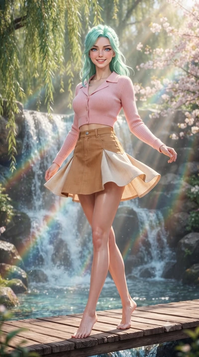 score_9, masterpiece, best quality, ultra-detailed, high-budget anime keyframe, editorial fashion photography, tasteful artistic composition, Japanese woman. low angle full-body shot from head to toe showing her feet, filling the entire 9:16 vertical