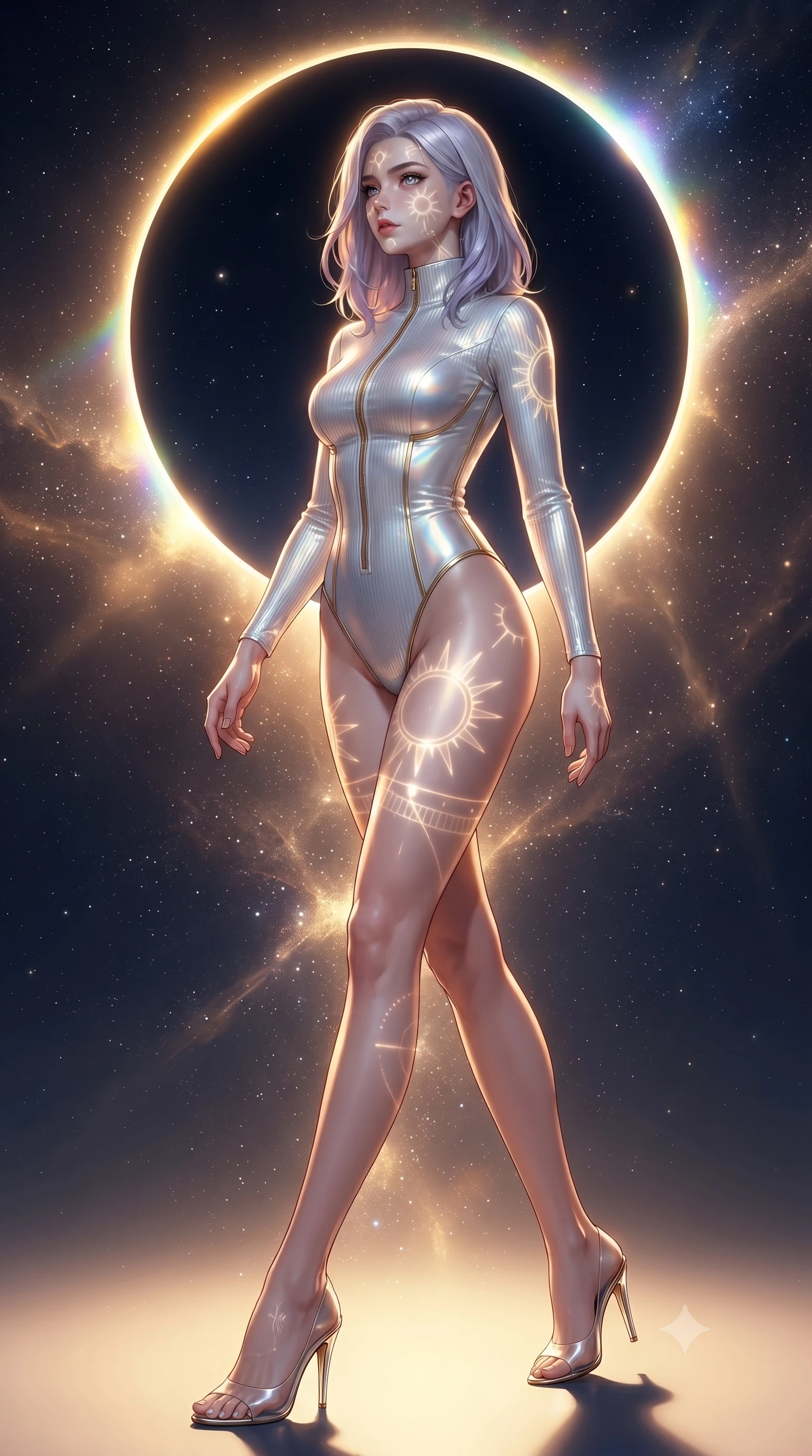 score_9, masterpiece, best quality, ultra-detailed, high-budget anime keyframe, editorial fashion photography, tasteful artistic composition, Caucasian woman. low angle full-body shot from head to toe showing her feet, filling the entire 9:16 vertical frame with her statuesque presence, stretching her vertical silhouette. stepping gracefully through the radiant environment, stretching her statuesque silhouette, looking out at a dark sky surrounded by a brilliant golden eclipse halo, translucent sun-dial markings projected onto her sleek outfit. She has an absolutely perfect, statuesque 8.5-heads proportion, an exceptionally tall and slender model-like female figure with impossibly long slender legs and an ultra-slim waist. sharp v-shaped jawline, high-bridge nose, intricate jewel-like eyes with depth, thick eyelashes, glossy lips with a natural sheen. wearing sleek high-neck ribbed activewear bodysuit in pearl white in metallic silver, made of iridescent hologram organza, finished with metallic gold boning and sleek zipper points, the fitted fabric emphasizing her ultra-slim waist. bathed in warm amber solar light and high-contrast navy shadows. ultra-reflective glossy finish, specular highlights, metallic sheen, high-contrast stereoscopic depth, volumetric dynamic lighting, 2k, ultra detail, master piece, 9:16 ratio