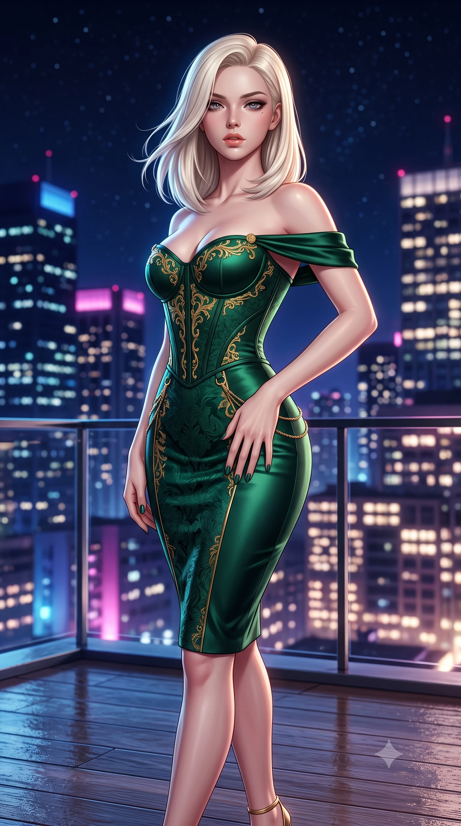 score_9, masterpiece, best quality, ultra-detailed, high-budget anime keyframe, semi-realistic 3D game render, editorial fashion photography, tasteful artistic composition, Caucasian woman. close-up cowboy shot from the waist and thighs up, the character dominates the composition, filling the frame with her large presence. resting one manicured hand delicately on her hip bone, her upper body turning in a fluid, seductive S-curve while parted lips glisten in the light while pivoting gracefully on the polished balcony deck with hips shifted in a pronounced contrapposto stance, parted glossy lips reflecting city neon. The composition keeps background elements in soft focus with creamy bokeh. sprawling metropolis skyscraper light grids and starry midnight skies blurred into deep sapphire, magenta, and champagne-gold bokeh. She has an exceptionally elegant, slender, and willowy female figure with an ultra-slim waist, a gracefully sculpted slender torso, toned flat midriff, and rounded feminine hips creating an alluring hourglass silhouette. sharp v-shaped jawline, high-bridge nose, intricate jewel-like eyes with depth, thick eyelashes, glossy parted lips with a natural sheen, intensely captivating and seductive bedroom-eyes expression, flawlessly proportioned anatomical accuracy, strict slender model proportions, natural body alignment, perfectly sculpted long slender limbs, ultra-slim waistline, clean dynamic posture without body distortion. wearing a statuesque off-shoulder evening dress with a boned corset bodice and bodycon silhouette in deep emerald green satin and gold hardware, made of rich textured jacquard silk with baroque gold thread, complemented by a delicate gold hip chain catching the ambient city reflections, the form-contouring material adhering flawlessly to her sculpted flat midriff and slender torso, emphasizing her long leg lines and perfectly proportioned willowy build. illuminated by crisp directional edge lights sharply sculpting her slender waist and curvy feminine hips. highly saturated vibrant anime colors, detailed shading with soft gradients, rich glossy textures, high-contrast stereoscopic depth, volumetric dynamic lighting, master piece, 9:16 ratio