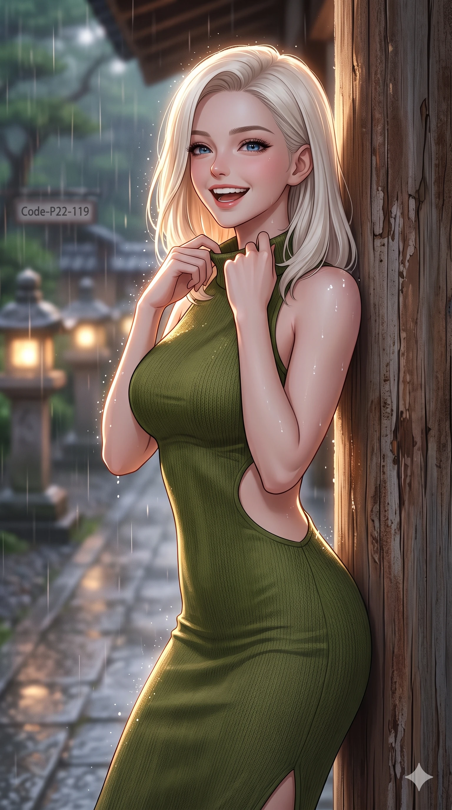 score_9, masterpiece, best quality, ultra-detailed, high-budget anime keyframe, vibrant anime aesthetic, Caucasian woman, strictly human ears. close-up cowboy shot from the waist and thighs up, the character dominates the composition, filling the frame with her large presence, background elements kept in soft focus. She is laughing cheerfully while adjusting her collar in the soft drizzle, with a warm and inviting look leaning against a rustic wooden column. the background shows a soft-focus quiet garden pavilion pathway lined with glowing stone lanterns in a soft rain (Code-P22-119). She has an absolutely perfect proportion, an exceptionally elegant and slender female figure with an ultra-slim waist. V-shaped jawline, high-bridge nose, intricate jewel-like eyes with depth, thick eyelashes, glossy lips with a natural sheen. wearing a bodycon knit dress with an elegant side panel cut-out in olive green. She is lit by sparkling rain droplets reflecting the morning sun, creating a glowing halo, tracing the elegant lines of her shoulders during the twilight rain. 2k, ultra detail, master piece, 9:16 ratio