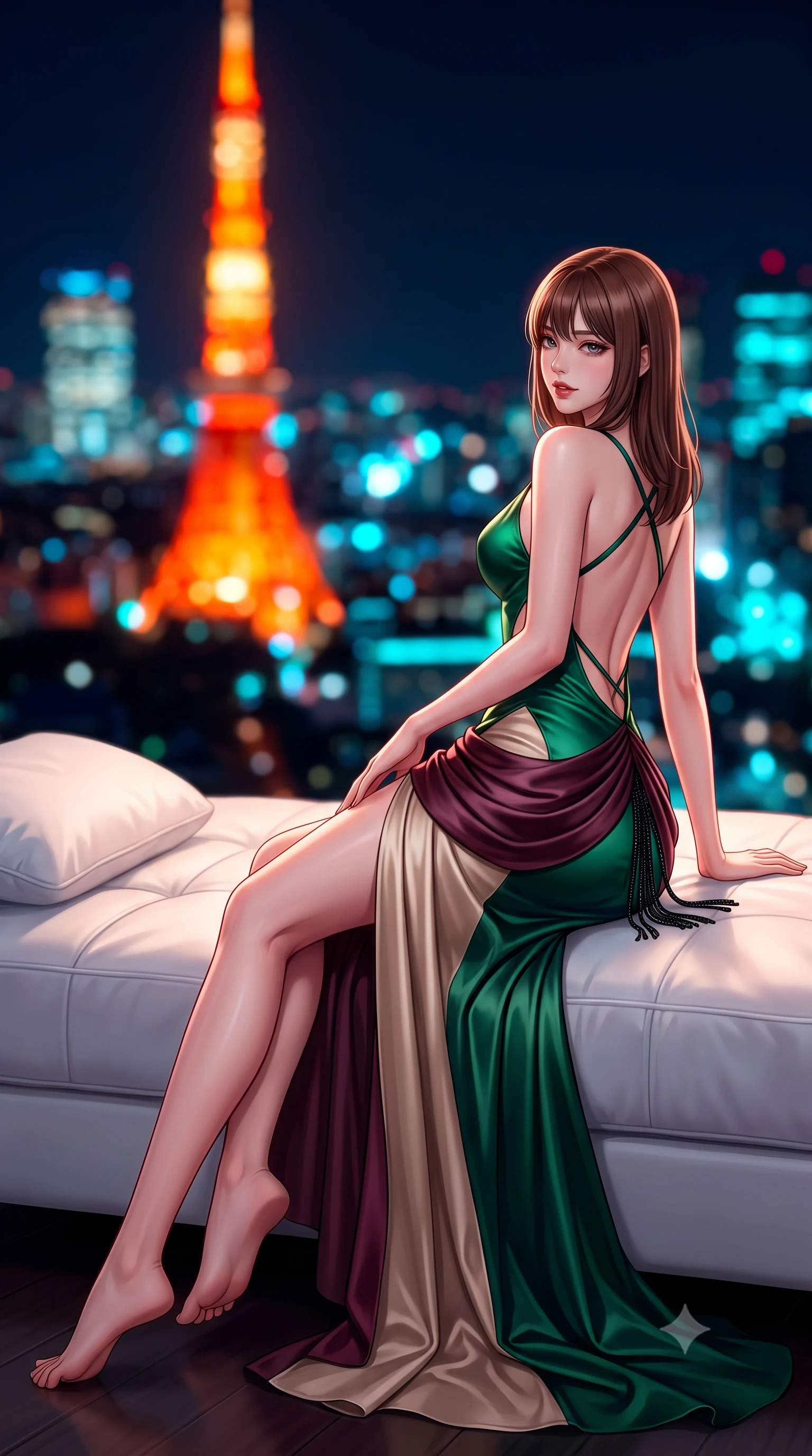 score_9, masterpiece, best quality, ultra-detailed, high-budget anime keyframe, semi-realistic 3D game render, editorial fashion photography, tasteful artistic composition, Korean woman. low angle full-body shot from head to toe showing her feet, filling the entire 9:16 vertical frame with her statuesque presence, stretching her vertical silhouette. executing a slow, elegant turn as her liquid gown flutters around her slender legs, glancing over her shoulder with an intoxicating, seductive bedroom-gaze while reclining gracefully on an oversized white leather daybed under the open midnight sky, her long slender legs and hourglass curves commanding the frame. The composition keeps background elements in soft focus with dreamy creamy bokeh. the fiery orange beacon of Tokyo Tower and dense megalopolis sea of lights blurred into brilliant scarlet, amber, and electric cyan bokeh. She has an exceptionally tall and slender model-like 8.5-heads proportion, an ultra-slim waist, a flat toned midriff, narrow delicate ribcage, and beautifully sculpted feminine hips creating a graceful, slim hourglass silhouette without any bulky heaviness, with impossibly long slender legs. sharp v-shaped jawline, high-bridge nose, intricate jewel-like dark sparkling eyes with dangerous depth, thick curled eyelashes, glossy parted lips with a rich wine sheen, smoldering seductive half-smile with bedroom-eyes, exuding effortless superiority and intoxicating dark allure, flawlessly proportioned anatomical accuracy, strict slender model proportions, natural body alignment, perfectly sculpted long slender limbs, ultra-slim waistline, clean dynamic posture without body distortion. wearing a cowl-neck emerald green silk satin slip dress with criss-cross back straps and hip-accentuating drape in dark mulberry wine and antique champagne, made of supple butter-soft lambskin leather with a subtle satin sheen, accented with fine jet-black beaded tassels that sway with each movement, the precision-cut side openings and low-back scoop framing her graceful spine and the sensual sweep of her slim, toned hips. bathed in the warm radiant scarlet and orange glow of Tokyo Tower contrasted with deep midnight navy skies. highly saturated vibrant anime colors, detailed shading with soft gradients, rich glossy textures, high-contrast stereoscopic depth, volumetric dynamic lighting, master piece, 9:16 ratio