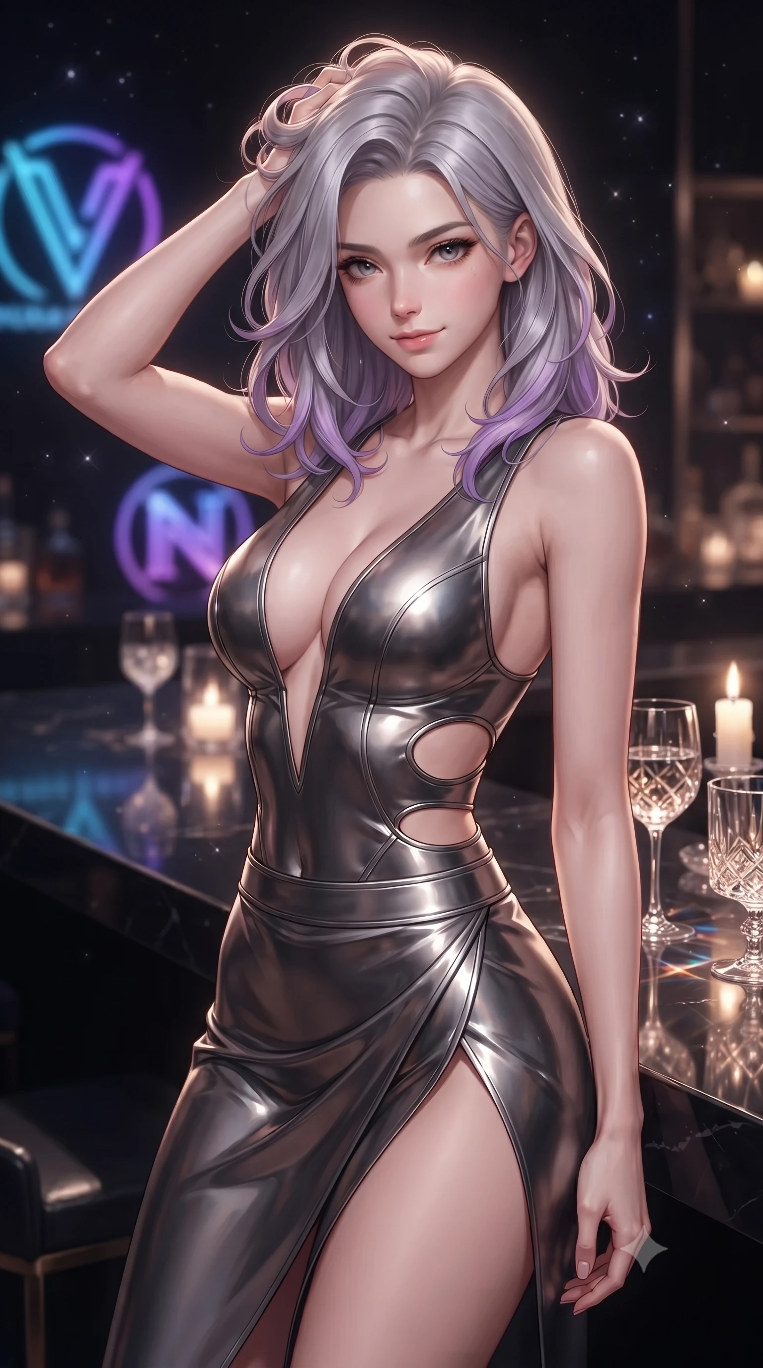 score_9, masterpiece, best quality, ultra-detailed, high-budget anime keyframe, editorial fashion photography, tasteful artistic composition, Caucasian woman. close-up cowboy shot from the waist and thighs up, the character dominates the composition, filling the frame with her large presence, background elements kept in soft focus. slowly running a hand through her hair, smiling with quiet, magnetic self-assurance directly into the camera, the background shows a soft-focus a lounge bar with a polished obsidian counter reflecting neon logos. She has an exceptionally elegant, slender, and willowy female figure with an ultra-slim waist, a gracefully sculpted slender torso, and a refined silhouette. sharp v-shaped jawline, high-bridge nose, intricate jewel-like eyes with depth, thick eyelashes, glossy lips with a natural sheen. wearing a body-hugging deep plunging-V neck bodycon armor top, featuring keyhole cutouts along the ribs and a thigh-slit wrap skirt. soft starlight and warm candlelight refracting through crystal glasses. ultra-reflective glossy finish, specular highlights, metallic sheen, high-contrast stereoscopic depth, volumetric dynamic lighting, 2k, ultra detail, master piece, 9:16 ratio