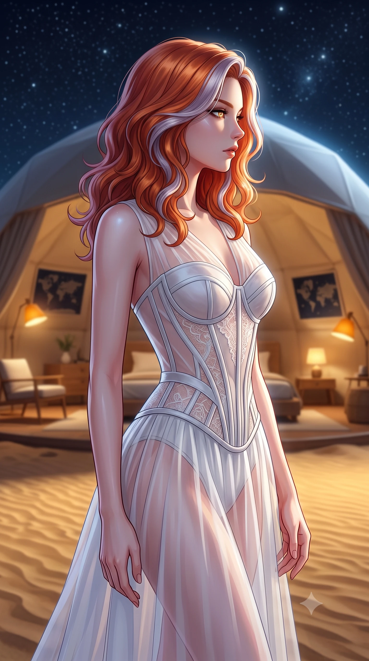 score_9, masterpiece, best quality, ultra-detailed, high-budget anime keyframe, editorial fashion photography, tasteful artistic composition, Caucasian woman woman. close-up cowboy shot from the waist and thighs up, the character dominates the composition, filling the frame with her large presence, background elements kept in soft focus. She has an exceptionally elegant, slender, and willowy female figure with an ultra-slim waist, a gracefully sculpted slender torso, and a refined silhouette. turning her head in a sharp dramatic profile against the key light, her eyes glowing with calm focus, flawlessly proportioned anatomical accuracy, natural body alignment, perfectly sculpted elegant limbs, clean dynamic posture without body distortion. set against a soft-focus background of a luxury eco-dome suite in a golden sand desert under stars. wearing a translucent white organdy veil dress with an architectural structured corset and lace panels. bathed in cool silver starlight contrasting with warm interior amber reading lamps. highly saturated vibrant anime colors, detailed shading with soft gradients, rich glossy textures, high-contrast stereoscopic depth, volumetric dynamic lighting, master piece, 9:16 ratio