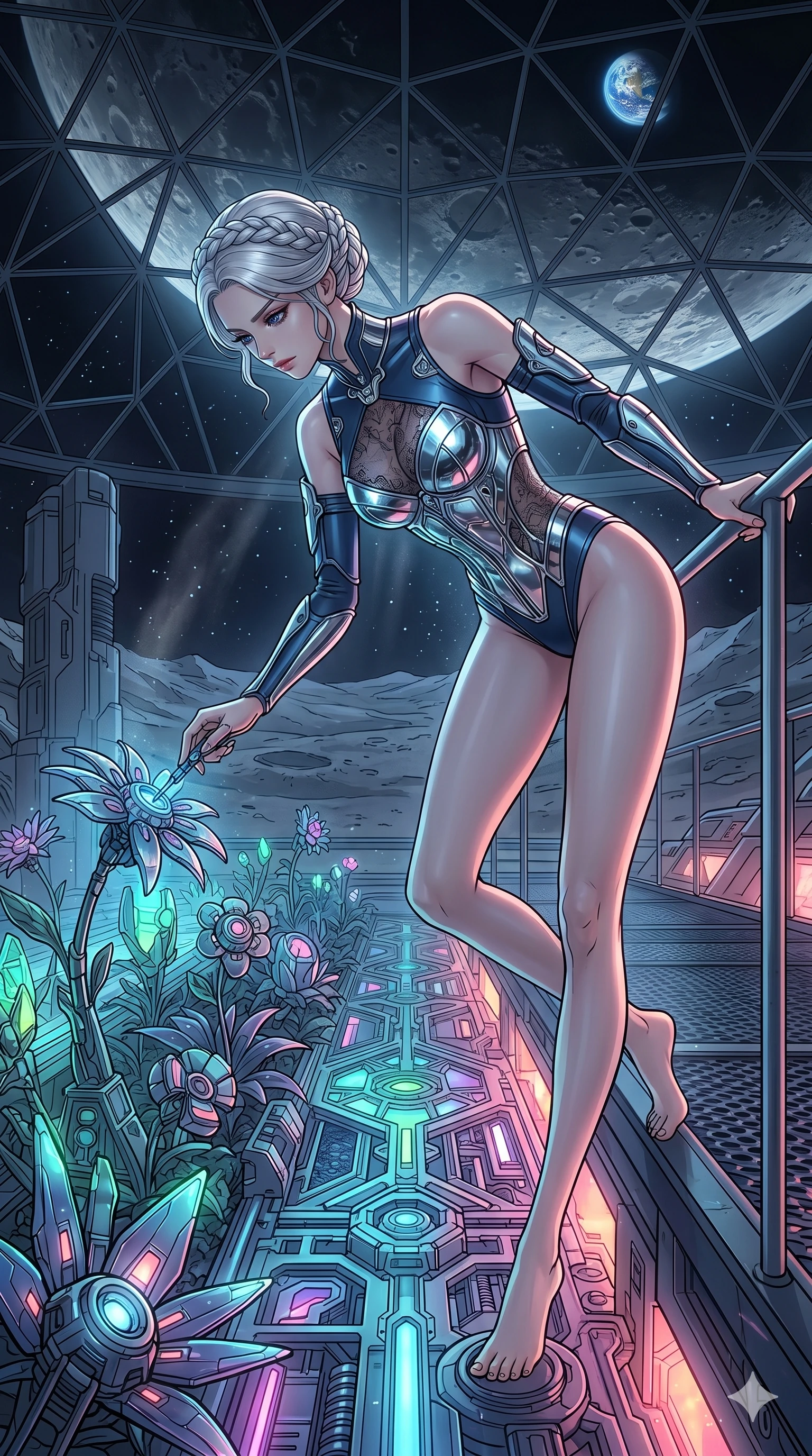 score_9, masterpiece, best quality, ultra-detailed, high-budget anime movie keyframe, cinematic anime lighting, intricate line art, Japanese woman. Dynamic full-body shot stretching the vertical silhouette with extreme perspective. inspecting a garden of bioluminescent mechanical plants in a lunar dome. She has an absolutely perfect 8-heads proportion, an exceptionally tall and slender female figure with graceful and slender proportions. strictly human anatomy, two legs only, no extra limbs, clearly defined legs and arms, perfect anatomy, perfect hands and fingers. sharp v-shaped jawline, high-bridge nose, intricate jewel-like eyes, thick eyelashes, glossy lips. Wearing Cyber-Tech Legacy: Asymmetrical sleek tech-bodysuit with detached sleeves and chrome-plated corset over sheer lace. The scene is illuminated by dramatic atmospheric lighting and vibrant color palettes. , 2k, ultra detail, master piece, 9:16 ratio