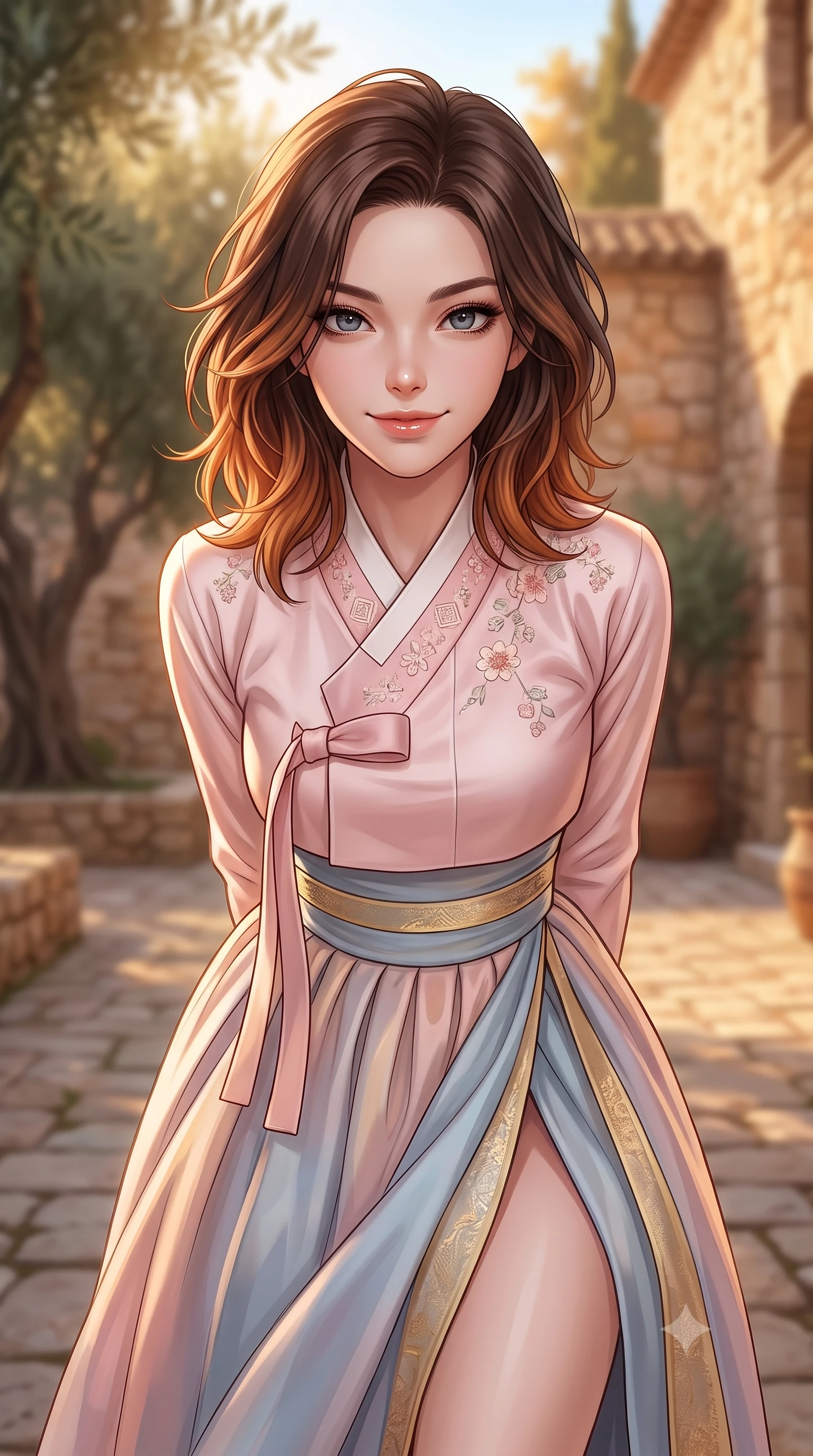 score_9, masterpiece, best quality, ultra-detailed, high-budget anime keyframe, editorial fashion photography, tasteful artistic composition, Korean woman woman. close-up cowboy shot from the waist and thighs up, the character dominates the composition, filling the frame with her large presence, background elements kept in soft focus. leaning slightly forward with a playful, teasing smile, her gaze locked onto the viewer the background shows a soft-focus a paved courtyard with olive trees and stone walls of a Spanish hacienda. She has an exceptionally elegant, slender, and willowy female figure with an ultra-slim waist, a gracefully sculpted slender torso, and a refined silhouette. sharp v-shaped jawline, high-bridge nose, intricate jewel-like eyes with depth, thick eyelashes, glossy lips with a natural sheen. wearing a slim-fit modern fusion hanbok jeogori in light pink silk, paired with a high-waisted wrap skirt. warm afternoon sunbeams coloring the stone walls in gold and amber tones. 2k, ultra detail, master piece, 9:16 ratio