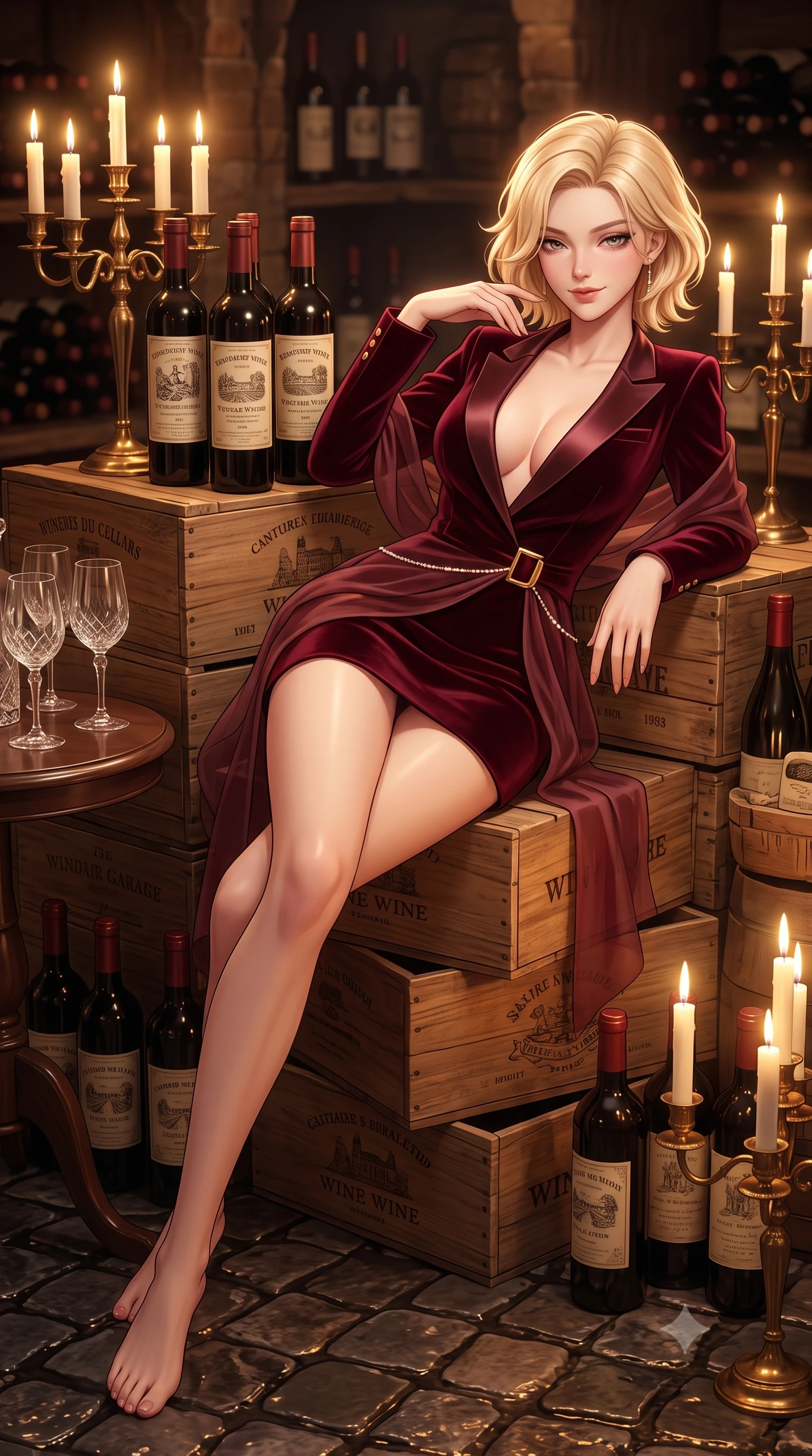 score_9, masterpiece, best quality, ultra-detailed, high-budget anime keyframe, semi-realistic 3D game render, editorial fashion photography, tasteful artistic composition, Caucasian woman. close-up cowboy shot from the waist and thighs up, the character dominates the composition, filling the frame with her large presence. turning over a bare shoulder with an intoxicating, teasing smile, her soft hair framing her sharp jawline as her hips angle gracefully while reclining languidly atop stacked antique wine crates propped on one elbow, her curvy hips and long slender legs creating a breathtaking line in the candlelit cellar. The surrounding environment is rendered in vivid detail and crisp panoramic clarity. detailed vintage wine label typography, crystal glass facets, and cobblestone floor reflections in high clarity. She has an exceptionally elegant, slender, and willowy female figure with an ultra-slim waist, a gracefully sculpted slender torso, toned flat midriff, and rounded feminine hips creating an alluring hourglass silhouette. sharp v-shaped jawline, high-bridge nose, intricate jewel-like eyes with depth, thick eyelashes, glossy parted lips with a natural sheen, intensely captivating and seductive bedroom-eyes expression, flawlessly proportioned anatomical accuracy, strict slender model proportions, natural body alignment, perfectly sculpted long slender limbs, ultra-slim waistline, clean dynamic posture without body distortion. wearing a tailored velvet tuxedo jacket dress with satin lapels, worn with a deep plunge neckline and gold hip buckle in deep Merlot burgundy and liquid gold, woven from layered gossamer chiffon with a weightless sweeping drape, accented with a dainty diamond waist chain catching the cellar candlelight, the liquid-tight tailored fabric clinging flawlessly to her narrow waist and rounded feminine hips, emphasizing every millimeter of her sculpted hourglass curves during movement. bathed in warm flickering candlelight from antique candelabras and soft amber floor uplights. highly saturated vibrant anime colors, detailed shading with soft gradients, rich glossy textures, high-contrast stereoscopic depth, volumetric dynamic lighting, master piece, 9:16 ratio