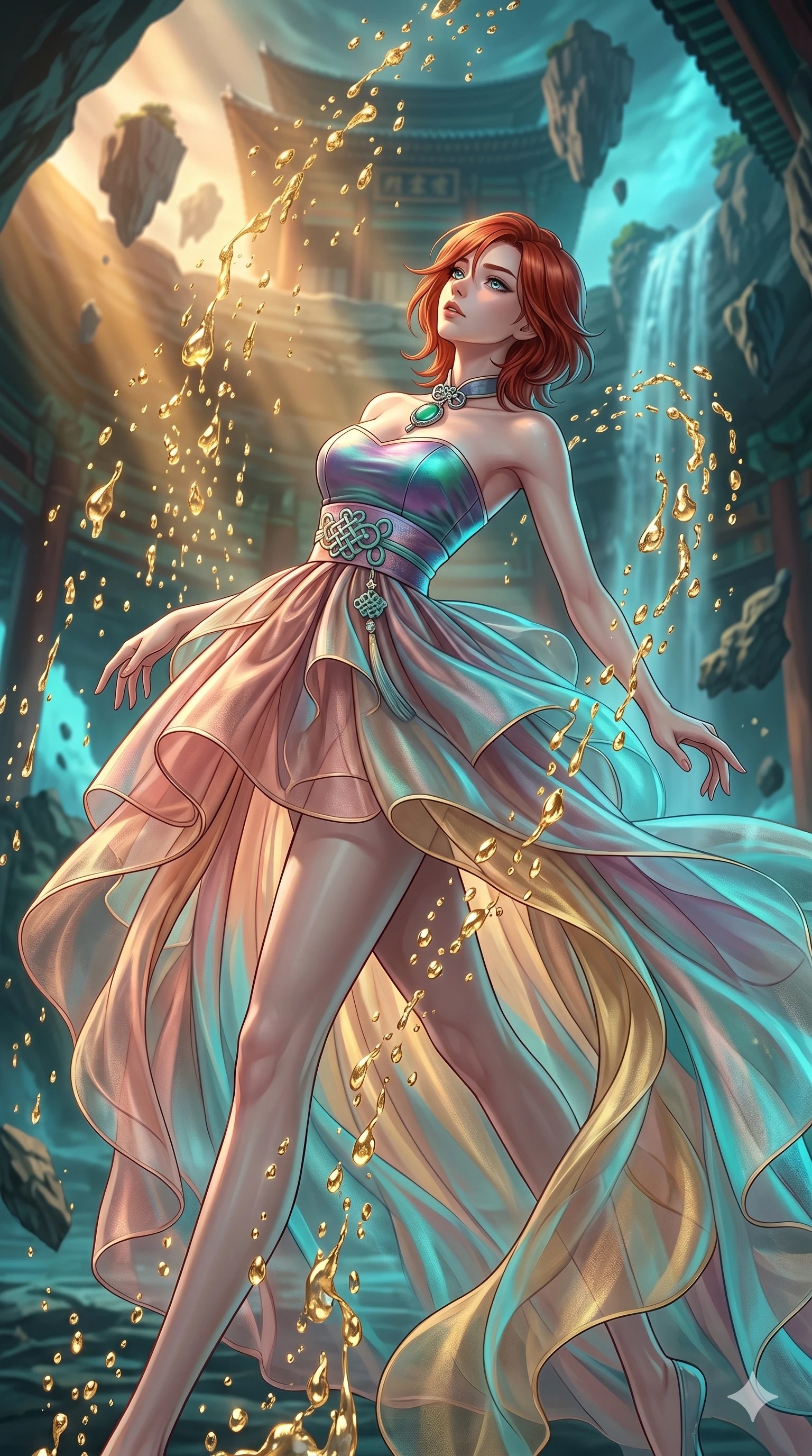 score_9, masterpiece, best quality, ultra-detailed, high-budget anime keyframe, Japanese woman. low angle full-body shot filling the entire 9:16 frame with her statuesque presence, stretching the vertical silhouette. dodging ethereal liquid gold rain that rises upward from the ground in warm shimmering droplets under an inverted gravity field. She has an absolutely perfect 8-heads proportion, an exceptionally tall and slender female figure with impossibly long slender legs and an ultra-slim waist. V-shaped jawline, high-bridge nose, intricate jewel-like eyes with depth, thick eyelashes, glossy lips with a natural sheen.. wearing a modern fusion silk hanbok dress, featuring a silk bustier top, layered sheer organza skirts, and a traditional knot choker. showcasing a beautiful play of light and shadow, with warm golden rays clashing against cool cyan highlights. 2k, ultra detail, master piece, 9:16 ratio