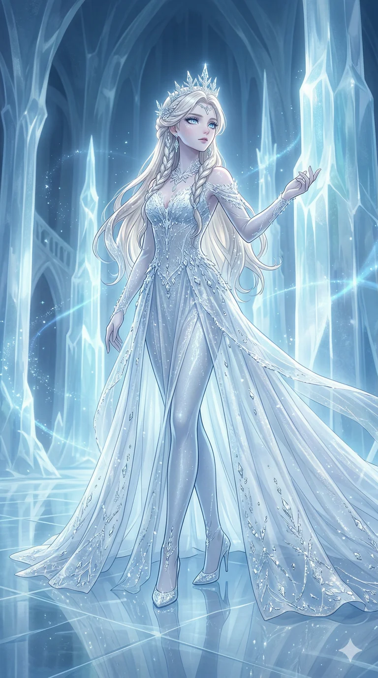 score_9, masterpiece, best quality, ultra-detailed, semi-realistic high-budget anime keyframe, an incredibly beautiful ethereal Caucasian woman with flawless pale skin (strictly human ears). Dynamic full-body shot stretching vertically. She is a frost queen in a crystal ice palace, her skin reflecting the cold blue light. She has an absolutely perfect 8-heads proportion, a towering female figure with long slender legs and a delicate skinny body. Her face is a masterpiece with platinum blonde hair and diamond-like eyes. She is wearing a sheer fabric gown with ice crystals, highlighting her alluring silhouette. Shimmering frost and blue light, dramatic rim lighting, radiant glowing skin, 2k, ultra detail, master piece, 9:16 ratio
