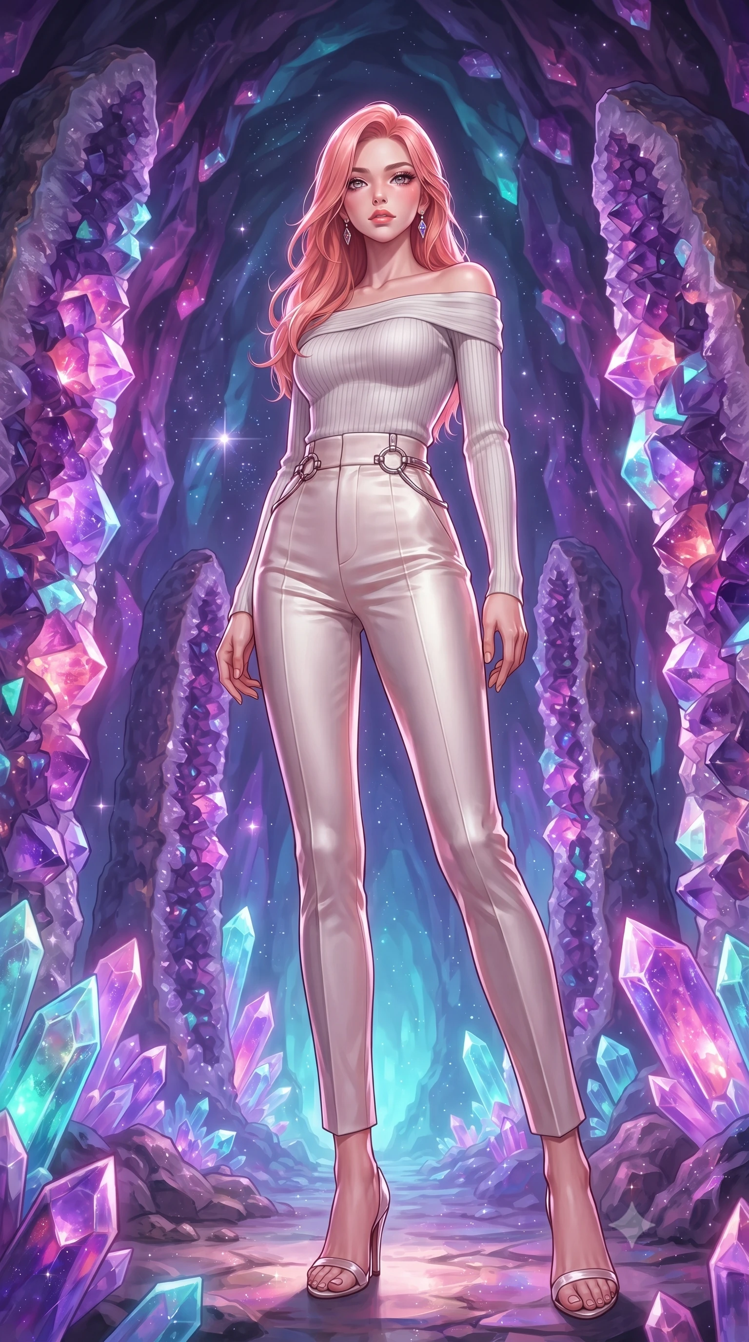 score_9, masterpiece, best quality, ultra-detailed, high-budget anime keyframe, editorial fashion photography, tasteful artistic composition, Japanese woman. low angle full-body shot from head to toe showing her feet, filling the entire 9:16 vertical frame with her statuesque presence, stretching her vertical silhouette. forging dynamically through the scene, her vertical silhouette beautifully stretched standing inside a breathtaking cavern lined with massive amethyst geode pillars, glowing mineral dust shimmering like stars in the quiet cavern air. She has an absolutely perfect, statuesque 8.5-heads proportion, an exceptionally tall and slender model-like female figure with impossibly long slender legs and an ultra-slim waist. sharp v-shaped jawline, high-bridge nose, intricate jewel-like eyes with depth, thick eyelashes, glossy lips with a natural sheen. wearing a sleek off-shoulder ribbed knit top paired with high-waist tailored pants in pearl white and rose gold, crafted from smooth liquid silk, accented with delicate chrome ring hardware framing her waist, the sleek second-skin texture accentuating her magnetic presence. illuminated by radiant purple, magenta, and cyan crystal inner glow. highly saturated vibrant anime colors, detailed shading with soft gradients, rich glossy textures, high-contrast stereoscopic depth, volumetric dynamic lighting, master piece, 9:16 ratio