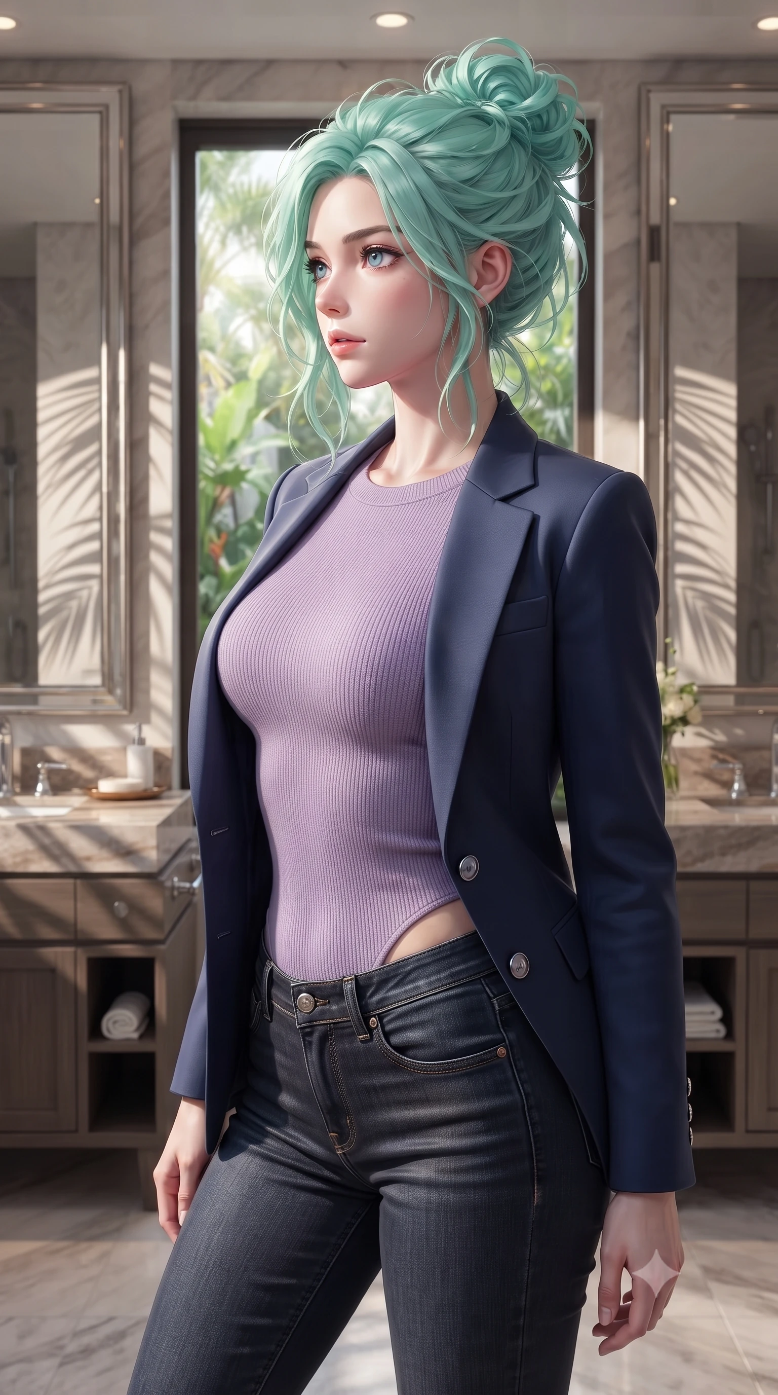 score_9, masterpiece, best quality, ultra-detailed, high-budget anime keyframe, editorial fashion photography, tasteful artistic composition, Japanese woman woman. close-up cowboy shot from the waist and thighs up, the character dominates the composition, filling the frame with her large presence, background elements kept in soft focus. turning her face in sharp profile, casting a cold, mysterious, yet intensely alluring side gaze, the background shows a soft-focus a resort bathroom with double vanities, large mirrors, and view of tropical garden. She has an exceptionally elegant, slender, and willowy female figure with an ultra-slim waist, a gracefully sculpted slender torso, and a refined silhouette. sharp v-shaped jawline, high-bridge nose, intricate jewel-like eyes with depth, thick eyelashes, glossy lips with a natural sheen. wearing a form-contouring tight-fitting lavender knit bodysuit worn under a tailored open blazer and jeans. soft morning sunrays casting elegant shadows of palm leaves across the mirrors. ultra-reflective glossy finish, specular highlights, metallic sheen, high-contrast stereoscopic depth, volumetric dynamic lighting, 2k, ultra detail, master piece, 9:16 ratio