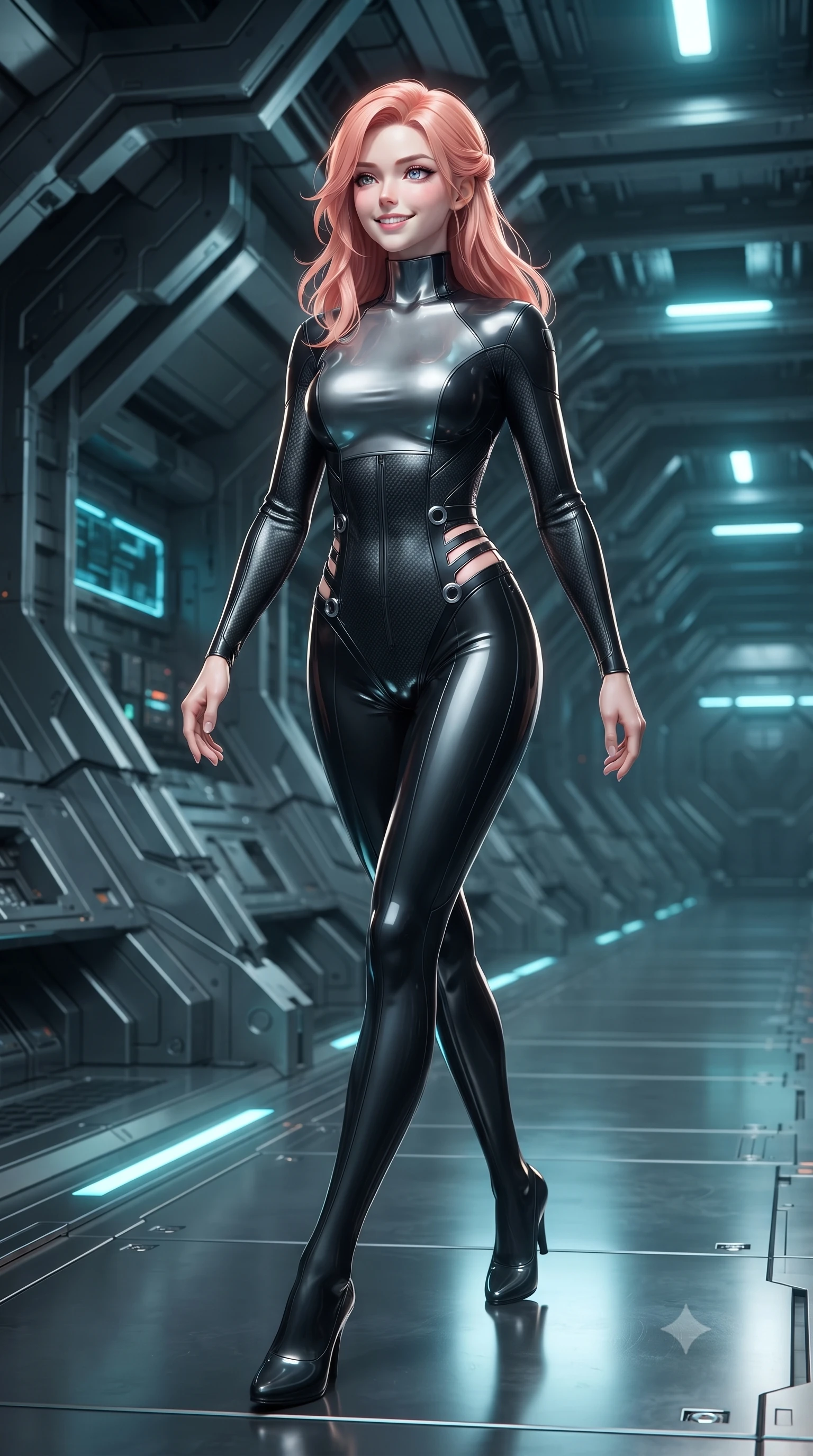 score_9, masterpiece, best quality, ultra-detailed, high-budget anime keyframe, editorial fashion photography, tasteful artistic composition, Japanese woman. low angle full-body shot from head to toe showing her feet, filling the entire 9:16 vertical frame with her statuesque presence, stretching her vertical silhouette. striding forward gracefully across the reflective metal deck in mid-motion with a radiant beaming smile, hips swaying in an alluring kinetic rhythm that accentuates her curvy hourglass silhouette and long slender legs while lounging gracefully on a titanium gantry bench propped on one elbow, her flat midriff and long slender legs glowing in warm fusion flares. The surrounding environment is rendered in vivid detail and crisp panoramic clarity: detailed carbon suit weave, plasma specular reflections on armor plates, and starship engineering architecture in razor-sharp precision. She has an absolutely perfect, statuesque 8.5-heads proportion, an exceptionally tall and slender model-like female figure with impossibly long slender legs, an ultra-slim waist, a flat toned midriff, narrow delicate ribcage, and beautifully sculpted feminine hips creating a graceful, slim hourglass silhouette without any bulky heaviness. sharp v-shaped jawline, high-bridge nose, intricate jewel-like sparkling eyes with depth, thick eyelashes, glossy parted lips with a natural sheen, bright confident smile with an enchanting and coquettish sensual glint, exuding both youthful magnetic charm and sovereign high-tech allure, flawlessly proportioned anatomical accuracy, strict slender model proportions, natural body alignment, perfectly sculpted long slender limbs, ultra-slim waistline, clean dynamic posture without body distortion. wearing a form-contouring cybernetic combat suit in matte black latex and carbon fiber, tracing her willowy silhouette with a high neck in reflective liquid mercury and matte phantom grey, made of smooth liquid latex with high-contrast stereoscopic depth and wet shine, finished with sharp laser-cut side ventilation slits framed by silver hardware rings, the high-waisted tailoring accentuating her ultra-slim waistline and the enchanting curve of her feminine hips with alluring dark charm. illuminated by cool cyan emergency floor guides and sharp amber rim lighting sculpting her razor-sharp jawline, narrow waist, and curvy hips. ultra-reflective glossy finish, specular highlights, rich textural contrasts, high-contrast stereoscopic depth, volumetric dynamic lighting, 2k, ultra detail, master piece, 9:16 ratio