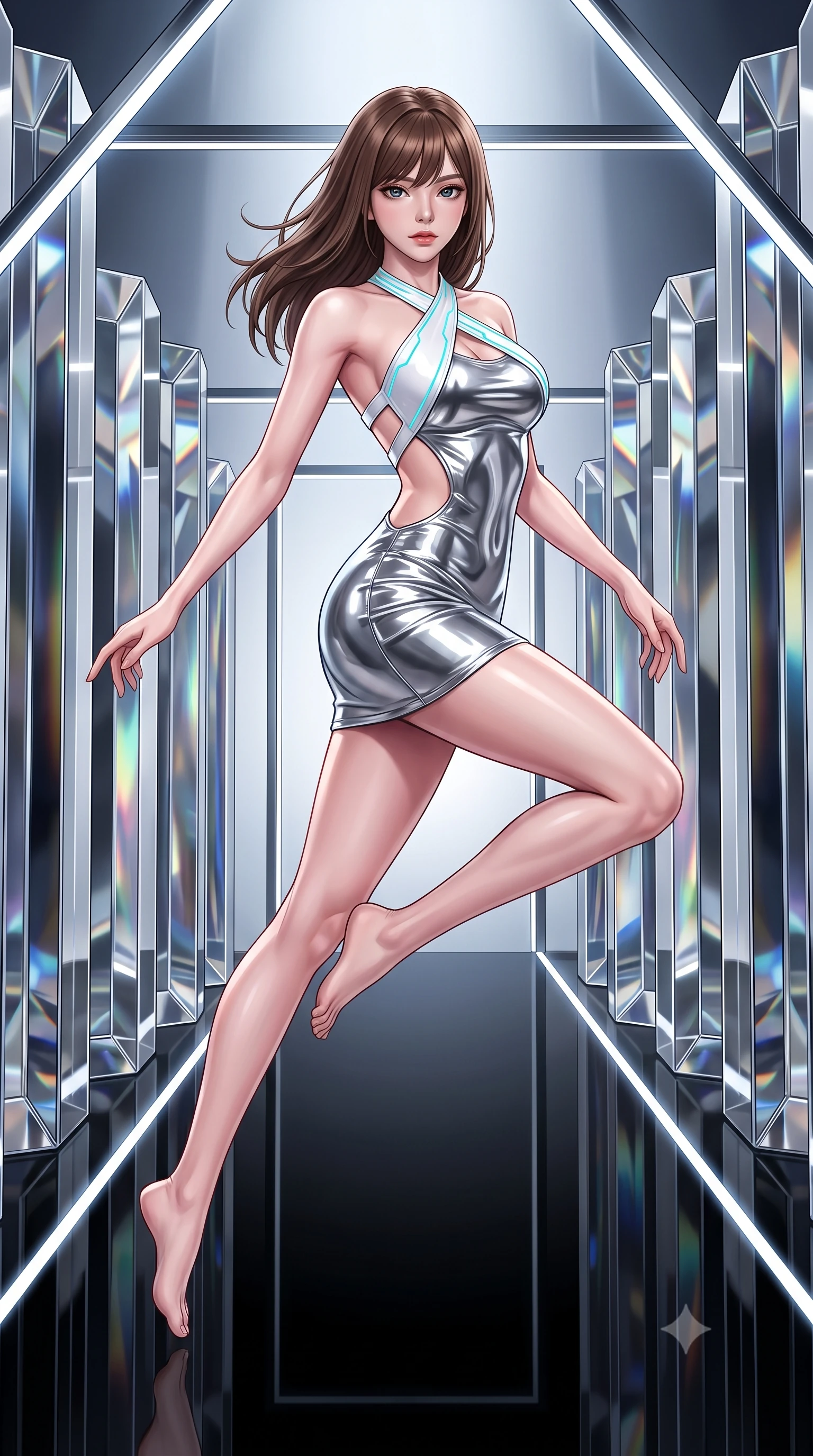 score_9, masterpiece, best quality, ultra-detailed, high-budget anime keyframe, semi-realistic 3D game render, editorial fashion photography, tasteful artistic composition, Korean woman. low angle full-body shot from head to toe showing her feet, filling the entire 9:16 vertical frame with her statuesque presence, stretching her vertical silhouette. leaping through mid-air with an athletic yet alluring arch of her spine, her impossibly long slender legs stretched in flawless poise while pivoting dynamically on a black mirror runway flanked by towering reflective chrome prisms. The surrounding environment is rendered in vivid detail and crisp panoramic clarity. intricate kaleidoscope reflections, crisp metallic specular highlights, and modern geometric framing in high clarity. She has an absolutely perfect, statuesque 8.5-heads proportion, an exceptionally tall and slender model-like female figure with impossibly long slender legs and an ultra-slim waist. sharp v-shaped jawline, high-bridge nose, intricate jewel-like eyes with depth, thick eyelashes, glossy lips with a natural sheen, flawlessly proportioned anatomical accuracy, natural body alignment, perfectly sculpted elegant limbs, clean dynamic posture without body distortion. wearing a molten silver liquid-metal mini dress featuring deep side-waist cutouts and a daring crossover halter neckline in pure snow white latex and glowing cyan circuit seams, formed from high-gloss patent material with specular light reflections, complemented by criss-cross back straps highlighting her completely bare spine, the sleek aerodynamic cut emphasizing her magnetic presence and alluring physical grace. surrounded by a hyper-luxurious, futuristic, and fiercely glamorous fashion editorial aura. highly saturated vibrant anime colors, detailed shading with soft gradients, rich glossy textures, high-contrast stereoscopic depth, volumetric dynamic lighting, master piece, 9:16 ratio
