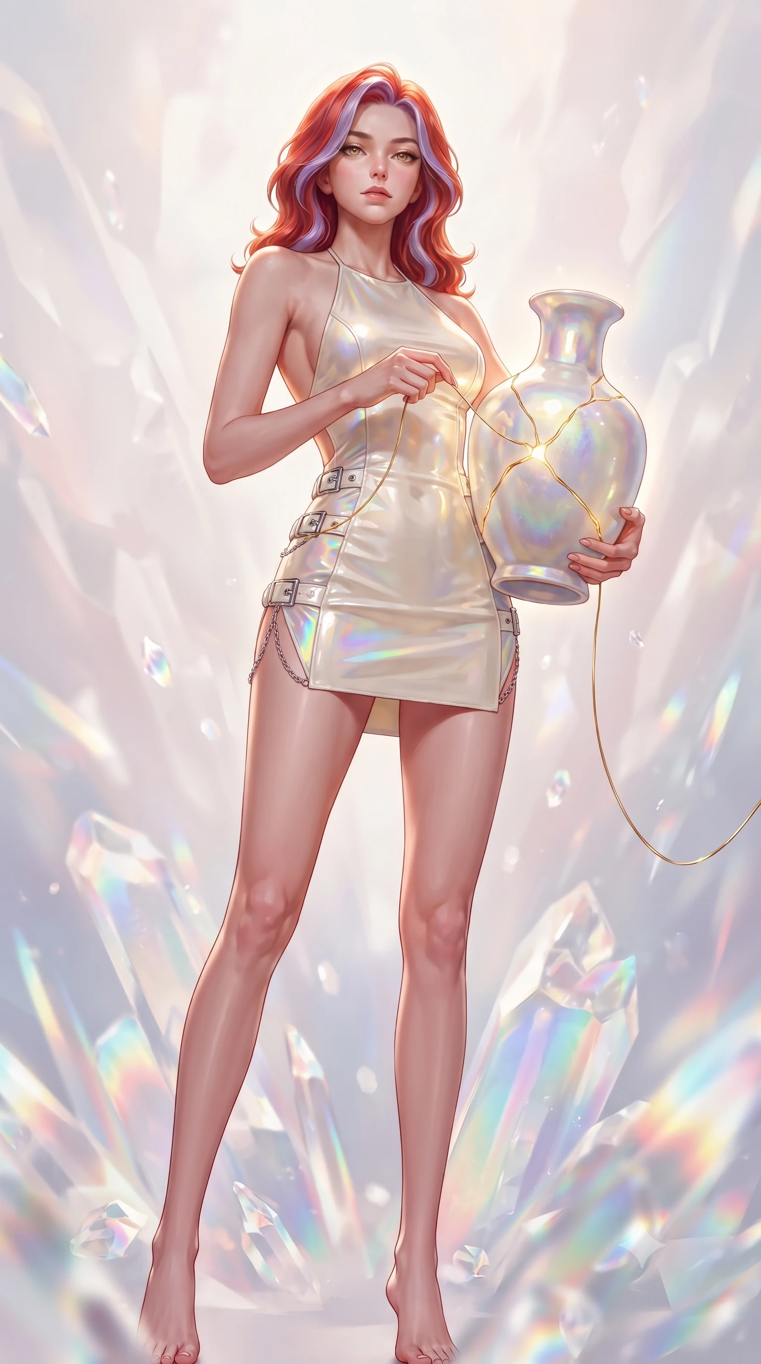 score_9, masterpiece, best quality, ultra-detailed, high-budget anime keyframe, editorial fashion photography, tasteful artistic composition, Caucasian woman. low angle full-body shot from head to toe showing her feet, filling the entire 9:16 vertical frame with her statuesque presence, stretching her vertical silhouette. forging confidently through the floating crystal mist, holding a poised statuesque stance, threading golden wires through fine ceramic vases emitting soft inner glow, opal glaze textures displaying iridescence and rich glossy finishes. She has an absolutely perfect, statuesque 8.5-heads proportion, an exceptionally tall and slender model-like female figure with impossibly long slender legs and an ultra-slim waist. sharp v-shaped jawline, high-bridge nose, intricate jewel-like eyes with depth, thick eyelashes, glossy lips with a natural sheen. wearing backless liquid vinyl mini slip dress with bare shoulder halter neckline in glowing ivory, made of iridescent hologram organza, framed by polished silver buckles and delicate chain details, contouring every curve with an exceptionally elegant silhouette. illuminated by warm golden kintsugi glow radiating from opal porcelain cracks. highly saturated vibrant anime colors, detailed shading with soft gradients, rich glossy textures, high-contrast stereoscopic depth, volumetric dynamic lighting, master piece, 9:16 ratio