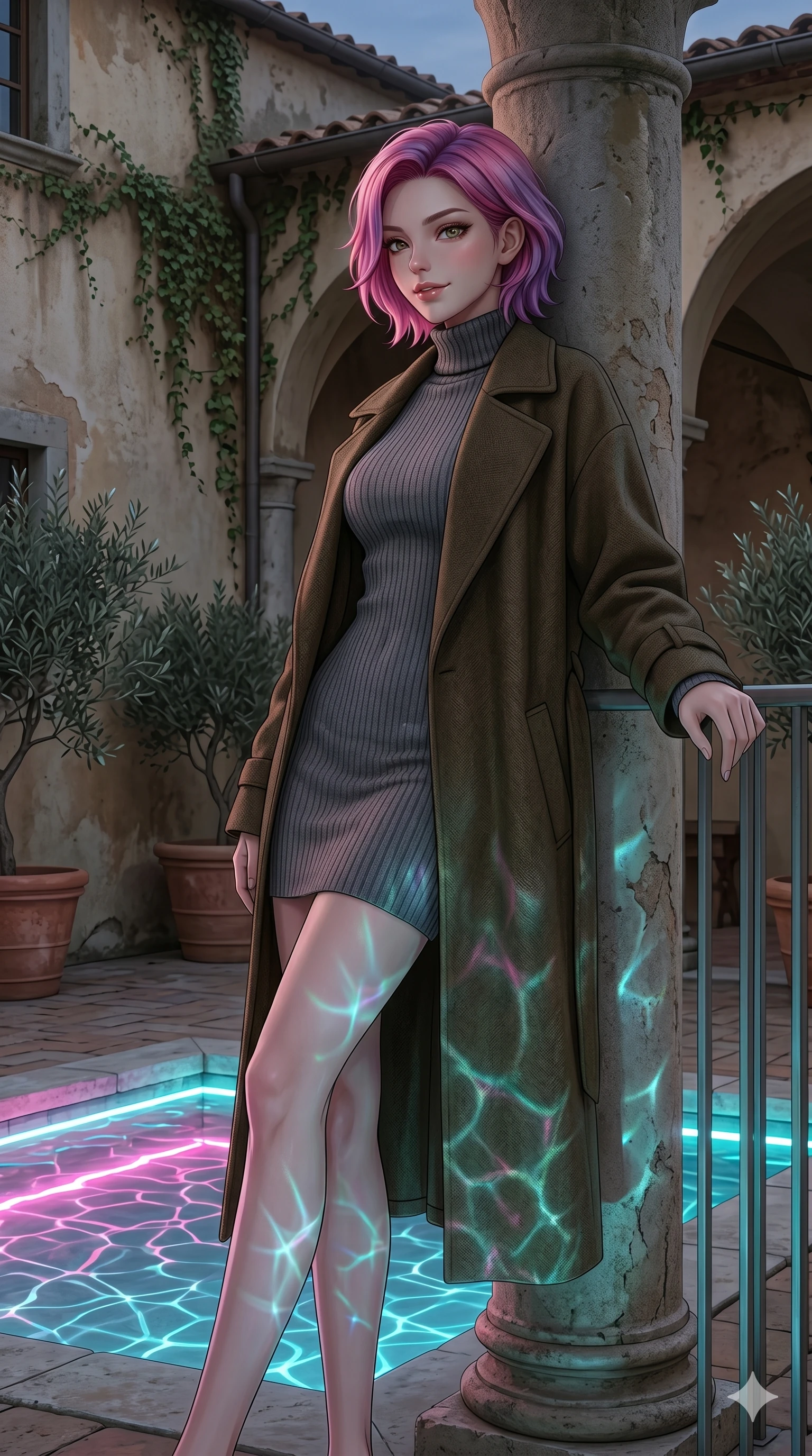 score_9, masterpiece, best quality, ultra-detailed, high-budget anime keyframe, editorial fashion photography, tasteful artistic composition, Caucasian woman, strictly human ears. cowboy shot from the thighs up, character and outfit filling the frame for maximum editorial presence. leaning against the metal railing, looking over her shoulder with a magnetic, teasing half-smile leaning against a stone pillar in a quiet courtyard of a Tuscan villa (Code-P17-052). She has an absolutely perfect 8-heads proportion, an exceptionally tall and slender female figure with impossibly long slender legs and an ultra-slim waist. V-shaped jawline, high-bridge nose, intricate jewel-like eyes with depth, thick eyelashes, glossy lips with a natural sheen. wearing a cozy high-neck turtleneck dress under a wool coat. neon pink and cyan reflections from the pool water casting shimmering light patterns. 2k, ultra detail, master piece, 9:16 ratio