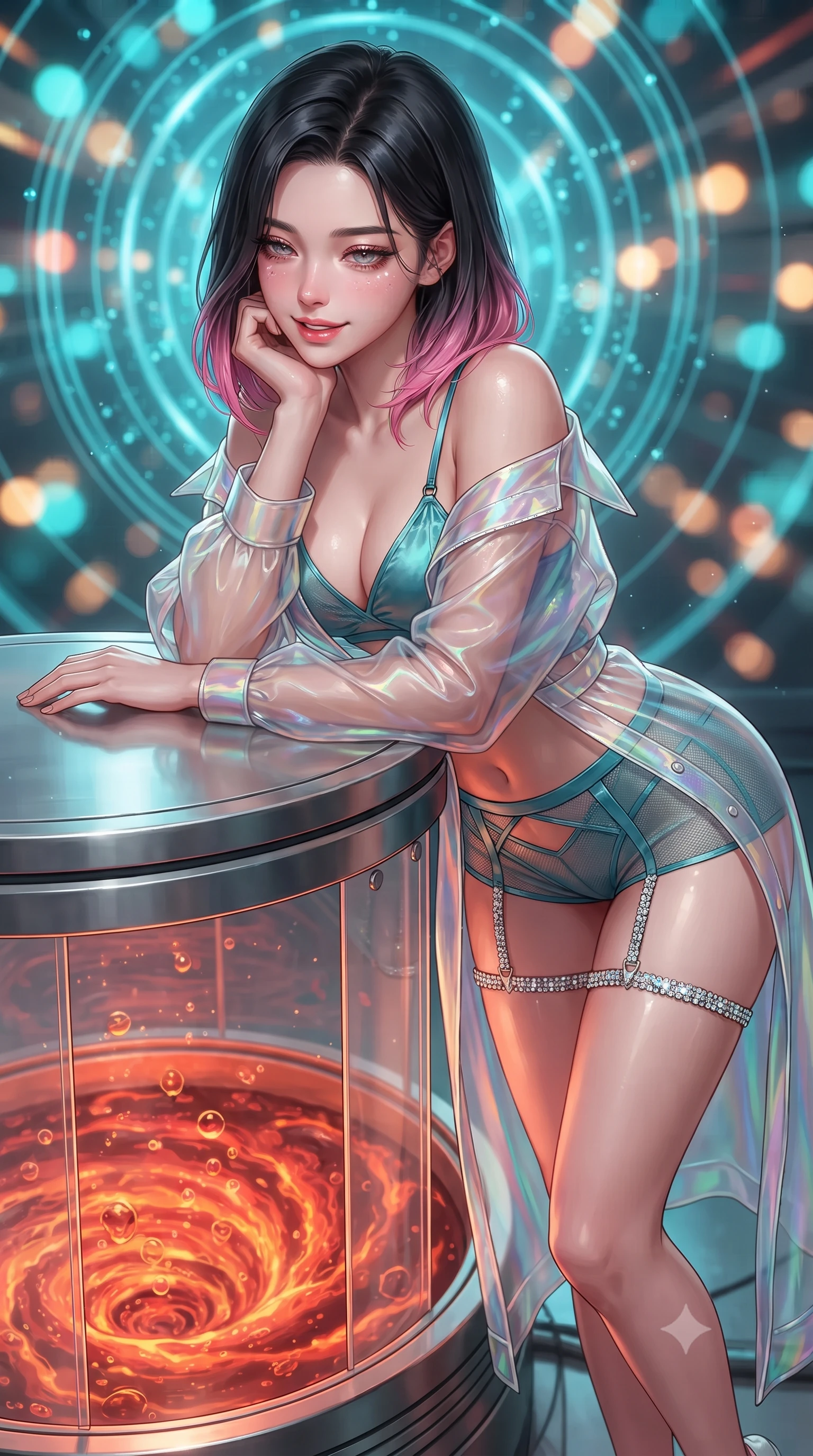 score_9, masterpiece, best quality, ultra-detailed, high-budget anime keyframe, editorial fashion photography, tasteful artistic composition, Korean woman. close-up cowboy shot from the waist and thighs up, the character dominates the composition, filling the frame with her large presence. resting one elbow on the table and supporting her chin, leaning close to the camera with heavy-lidded sparkling eyes and parted lips while leaning against the magnetic plasma conduit with hips cocked back, gazing down into the bubbling liquid mantle through laser containment fields with intoxicating bedroom-eyes. The background shows a soft-focus swirling orange-red magma vortex below, shimmering circular cyan magnetic containment rings, and laser ionization haze blurred into tangerine, gold, and turquoise bokeh. She has an exceptionally elegant, slender, and willowy female figure with an ultra-slim waist, flat toned midriff, narrow ribcage, and sculpted feminine hips creating an alluring, slim hourglass silhouette without bulk. sharp v-shaped jawline, high-bridge nose, intricate jewel-like sparkling eyes with depth, thick eyelashes, glossy parted lips with a natural peach sheen, bright cheerful beaming smile with an enchanting and coquettish sensual glint, exuding both youthful cute charm and seductive allure, flawlessly proportioned anatomical accuracy, strict slender model proportions, natural body alignment, perfectly sculpted long slender limbs, ultra-slim waistline, clean dynamic posture without body distortion. wearing a translucent iridescent organza tactical robe slipping off bare shoulders over a matching satin micro-bralette and combat shorts in Europa abyssal turquoise and ice-shelf diamond, woven from fine semi-opaque stretch illusion mesh tracing her slender contours, finished with delicate crystal-encrusted thigh garter straps glinting in the dim light, the liquid-tight tailored fabric clinging flawlessly to her narrow waist and rounded feminine hips, emphasizing every millimeter of her sculpted slim hourglass curves without any bulky heaviness. bathed in the dual illumination of searing 2200K subterranean magma radiance and cold 480nm cyan magnetic containment lasers. ultra-reflective glossy finish, specular highlights, rich textural contrasts, high-contrast stereoscopic depth, volumetric dynamic lighting, 2k, ultra detail, master piece, 9:16 ratio