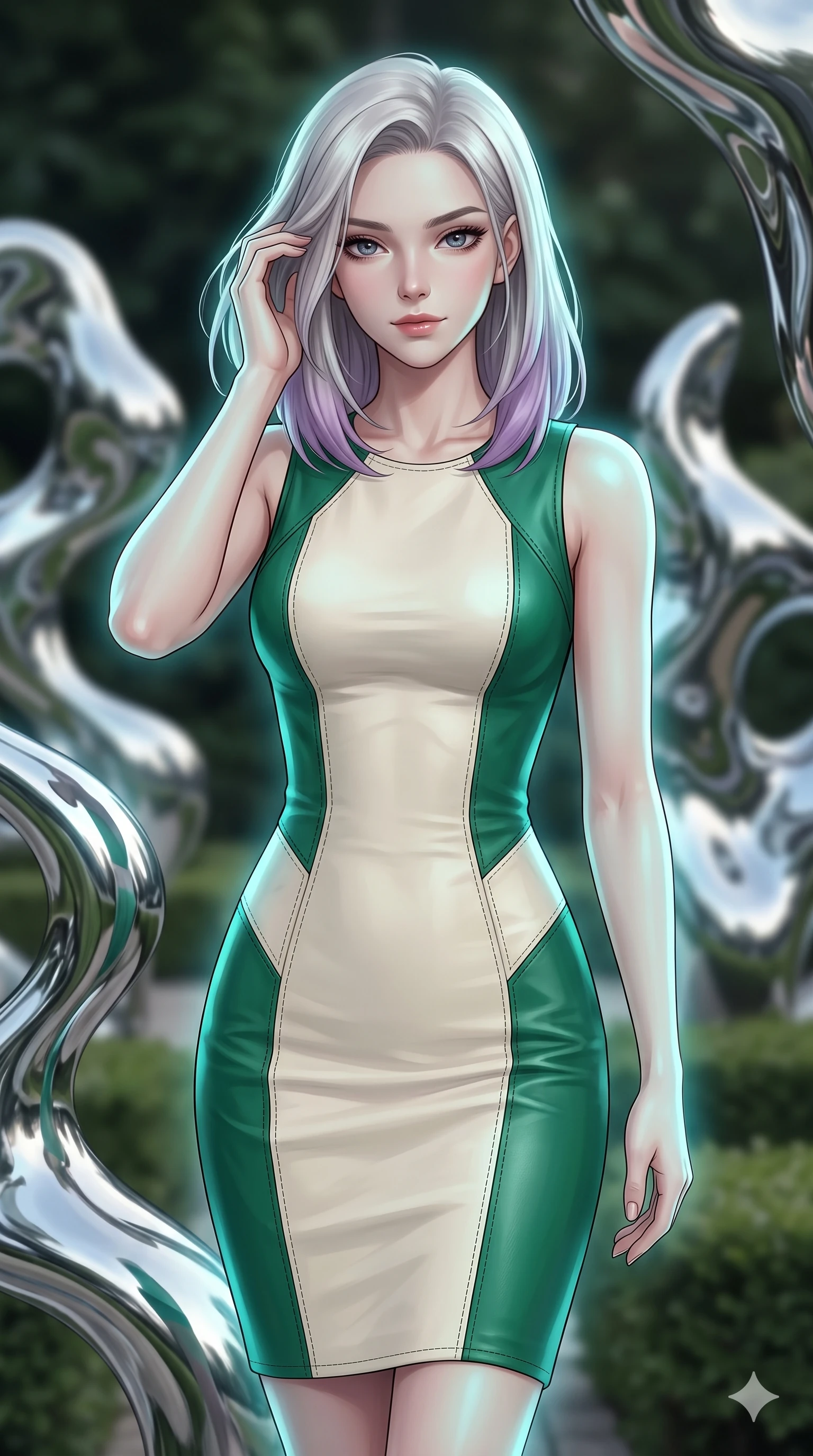 score_9, masterpiece, best quality, ultra-detailed, high-budget anime keyframe, editorial fashion photography, tasteful artistic composition, Caucasian woman, strictly human ears. close-up cowboy shot from the waist and thighs up, the character dominates the composition, filling the frame with her large presence, background elements kept in soft focus. Gently brushing hair from her face with an enigmatic half-smile. set against a soft-focus background of a manicured garden filled with abstract sculptures made of living liquid chrome that constantly shift and reshape themselves reflecting and distorting the surrounding landscape in mercurial curves. She has an exceptionally elegant and slender, willowy female figure with an ultra-slim waist, a gracefully sculpted slender torso, and a refined slim physique. sharp v-shaped jawline, high-bridge nose, intricate jewel-like eyes with depth, thick eyelashes, glossy lips with a natural sheen. wearing a fitted pencil dress in color-blocked emerald green and cream leather, contouring her athletic, slender build with precision topstitching. soft aqua bioluminescent light making her skin luminously glow against darkness. 2k, ultra detail, master piece, 9:16 ratio