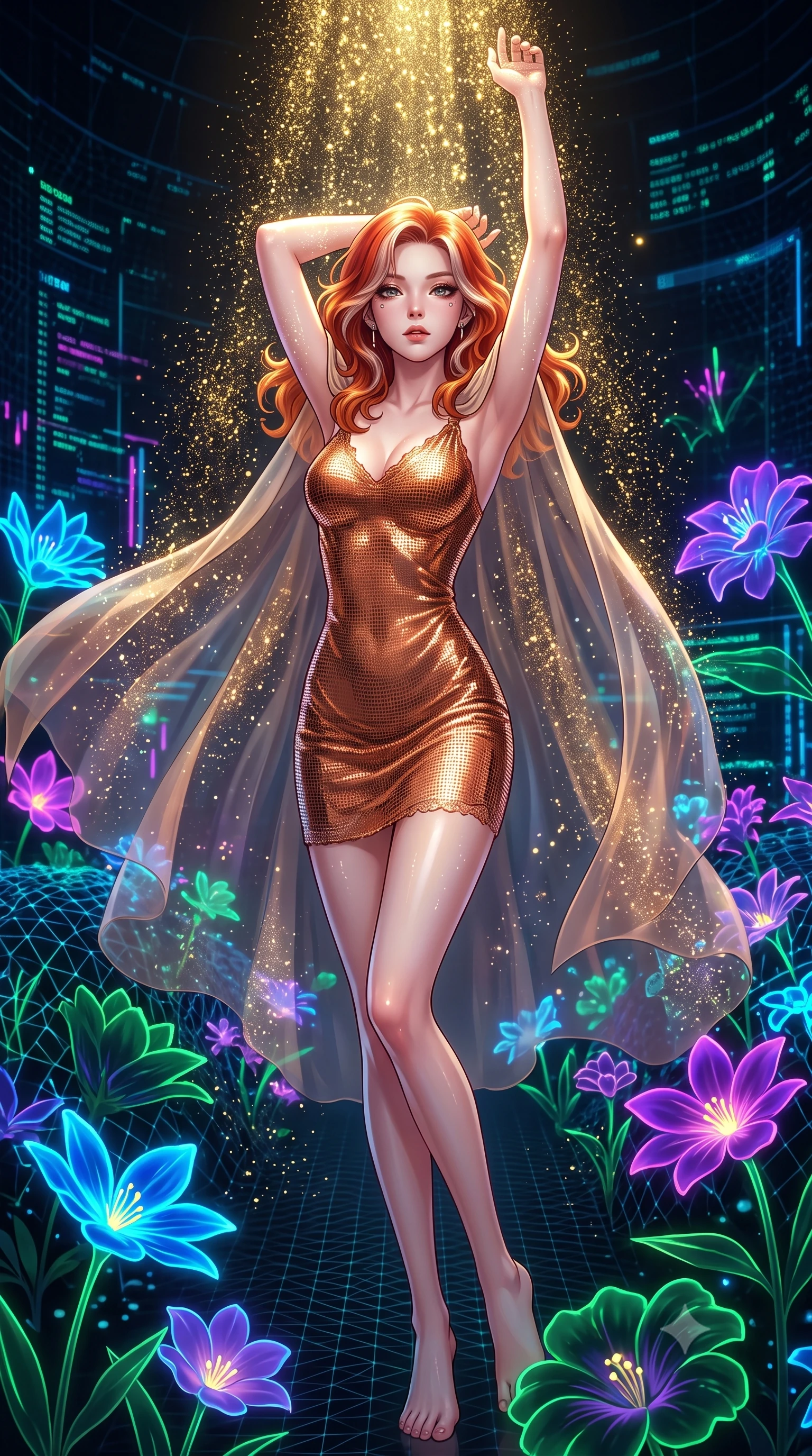score_9, masterpiece, best quality, ultra-detailed, High-budget Anime Keyframe, Caucasian woman, strictly human ears. Dynamic full-body shot stretching the vertical silhouette to the limit. Scenario 491: showering under a cascade of glittering gold stardust inside a virtual garden where neon flowers bloom in the dark. Her presence is magnetic and overpowering in this high-budget anime scene. Outfit 491: a form-contouring metallic copper micro-mesh lace mini dress draped with a semi-transparent chiffon cape. The clothing is designed to emphasize her exceptionally tall and slender 8-heads proportion. 8-heads proportion, towering silhouette, ultra-slim waist. sharp v-shaped jawline, intricate jewel-like eyes with depth, thick eyelashes, glossy lips. 2k, ultra detail, master piece, 9:16 ratio