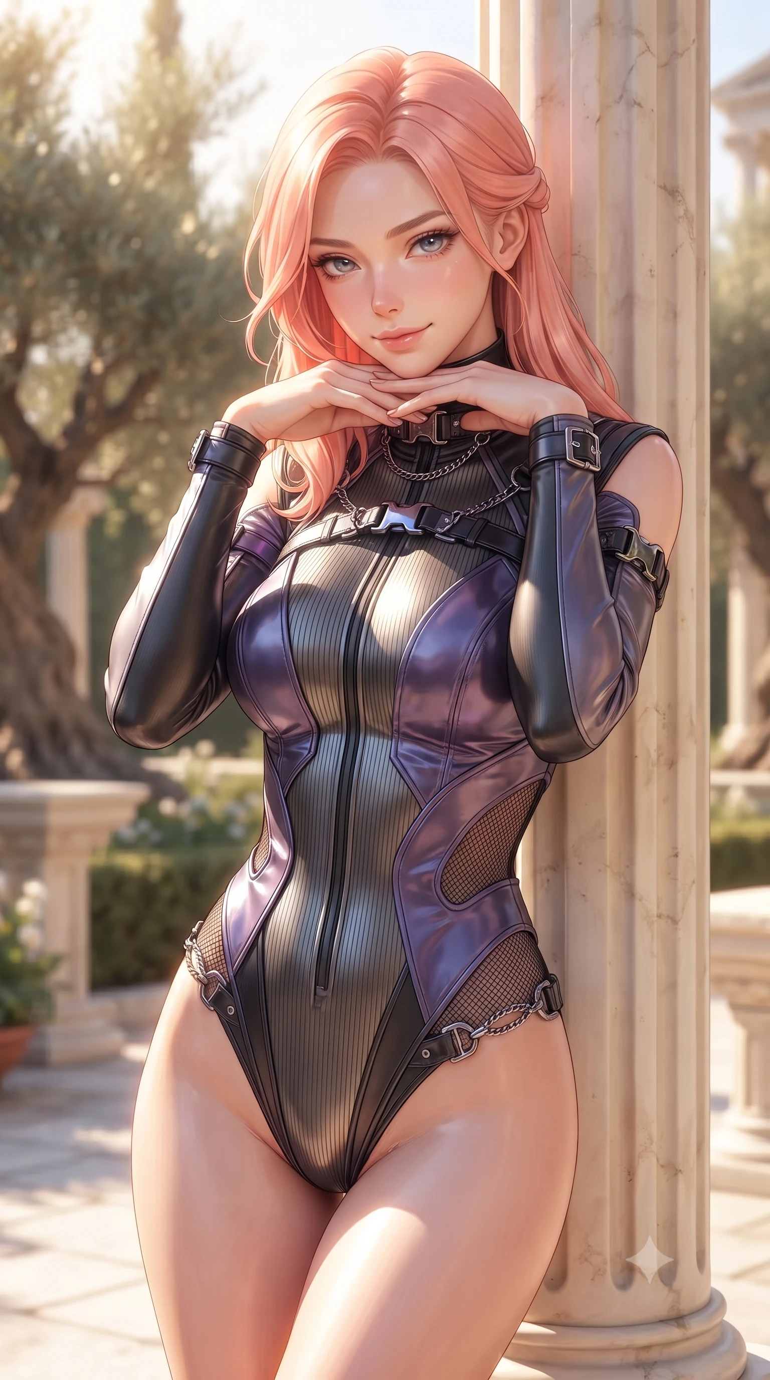 score_9, masterpiece, best quality, ultra-detailed, high-budget anime keyframe, editorial fashion photography, tasteful artistic composition, Japanese woman. close-up cowboy shot from the waist and thighs up, the character dominates the composition, filling the frame with her large presence, background elements kept in soft focus. Resting her chin on the backs of her fingers with an air of effortless superiority, resting against an alabaster pillar as golden sunlight warm her skin, dewy natural skin glow under bright sun-drenched lighting. She has an exceptionally elegant, slender, and willowy female figure with an ultra-slim waist, a gracefully sculpted slender torso, and a refined silhouette. sharp v-shaped jawline, high-bridge nose, intricate jewel-like eyes with depth, thick eyelashes, glossy lips with a natural sheen. wearing sleek high-neck ribbed activewear bodysuit in matte black in metallic dark silver, made of iridescent dark violet taffeta, framed by dark titanium buckles and silver chain details, sculpting her athletic slender build with refined precision. surrounded by a radiant sun-drenched ambiance with brilliant white highlights. highly saturated vibrant anime colors, detailed shading with soft gradients, rich glossy textures, high-contrast stereoscopic depth, volumetric dynamic lighting, master piece, 9:16 ratio