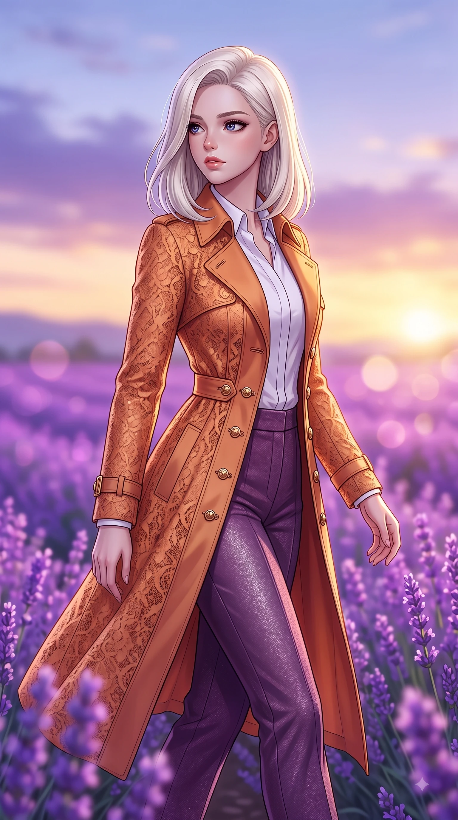 score_9, masterpiece, best quality, ultra-detailed, high-budget anime keyframe, editorial fashion photography, tasteful artistic composition, Caucasian woman. close-up cowboy shot from the waist and thighs up, the character dominates the composition, filling the frame with her large presence. Tender lingering expression with a quiet reluctant backward glance, as if hesitating to leave the moment while walking gracefully through an endless field of blooming purple lavender under a twilight sky. The composition keeps background elements in soft focus with dreamy bokeh. vibrant floral fields blurring into a romantic, painting-like background backdrop. She has an exceptionally elegant, slender, and willowy female figure with an ultra-slim waist, a gracefully sculpted slender torso, and a refined silhouette. sharp v-shaped jawline, high-bridge nose, intricate jewel-like eyes with depth, thick eyelashes, glossy lips with a natural sheen, flawlessly proportioned anatomical accuracy, natural body alignment, perfectly sculpted elegant limbs, clean dynamic posture without body distortion. wearing a stylish sunset amber trench coat over a crisp white shirt and tailored trousers in rich plum violet and metallic platinum, made of fine lace weave and soft satin jersey, finished with gold metallic hardware buttons along the front, the sleek second-skin fit accentuating her magnetic presence. illuminated by soft ambient lavender reflections and delicate rim highlights. highly saturated vibrant anime colors, detailed shading with soft gradients, rich glossy textures, high-contrast stereoscopic depth, volumetric dynamic lighting, master piece, 9:16 ratio
