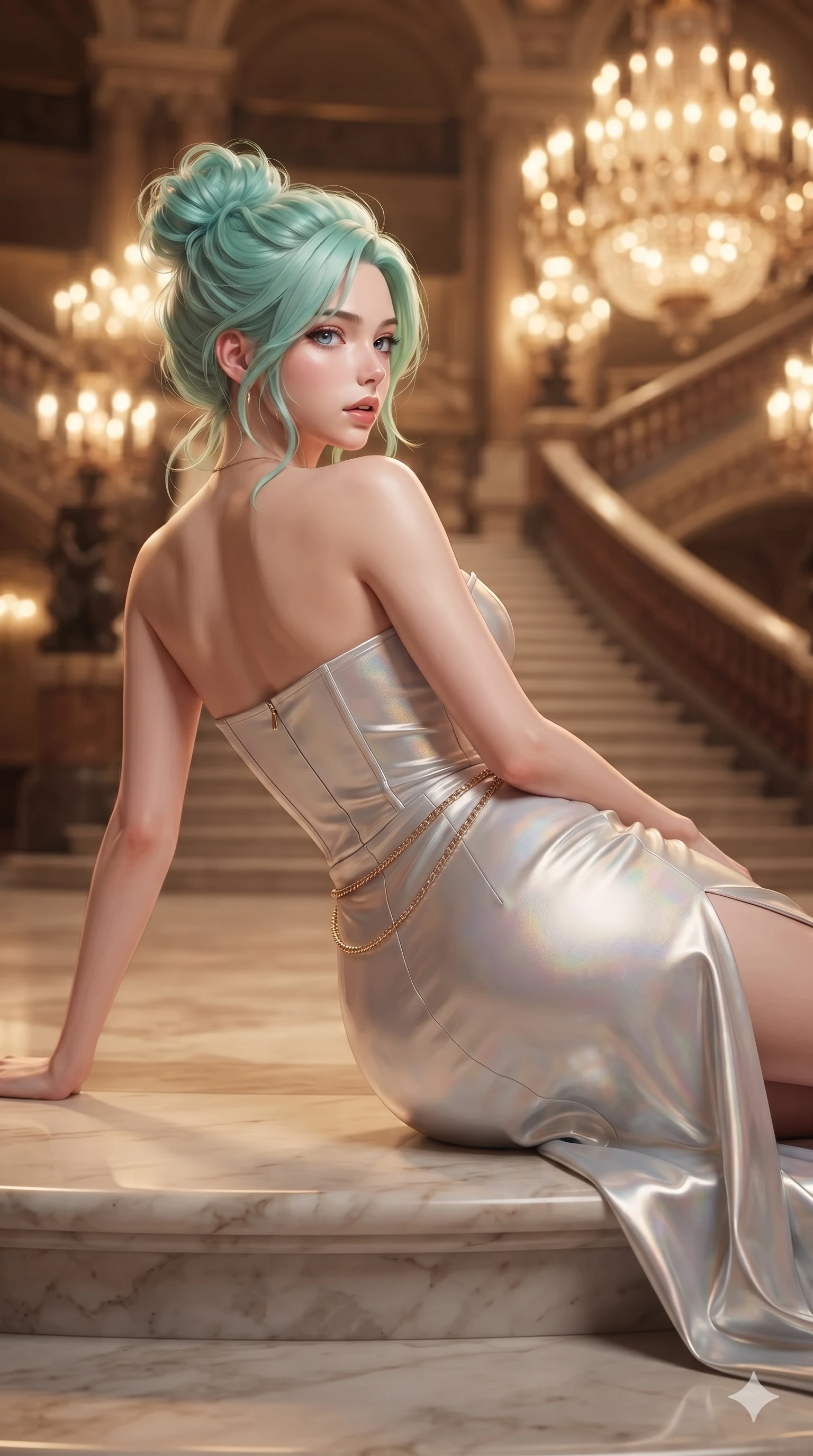 score_9, masterpiece, best quality, ultra-detailed, high-budget anime keyframe, editorial fashion photography, tasteful artistic composition, Japanese woman. close-up cowboy shot from the waist and thighs up, the character dominates the composition, filling the frame with her large presence. posing in an alluring rear three-quarter angle, looking over a bare shoulder with parted glossy lips, her hips cocked back to highlight her slim hourglass curve while reclining on the broad marble stair landing propped on one elbow, her long slender legs and sculpted waist commanding the opulent Belle Époque space. The composition keeps background elements in soft focus with creamy bokeh: opulent Belle Époque salon ambient warmth softened in grand staircase shallow focus. She has an exceptionally elegant, slender, and willowy female figure with an ultra-slim waist, flat toned midriff, narrow ribcage, and sculpted feminine hips creating an alluring, slim hourglass silhouette without bulk. sharp v-shaped jawline, high-bridge nose, intricate jewel-like eyes with depth, thick eyelashes, glossy parted lips with a natural sheen, intensely captivating and seductive bedroom-eyes expression, flawlessly proportioned anatomical accuracy, strict slender model proportions, natural body alignment, perfectly sculpted long slender limbs, ultra-slim waistline, clean dynamic posture without body distortion. wearing a strapless column evening dress in heavy stretch silk with subtle boned bustier support and side slit in iridescent mother-of-pearl and liquid molten silver, tailored from heavy Italian silk mikado with an architectural structured drape, accented with a delicate gold chain belt resting loosely on her curvy hips, the liquid-tight tailored fabric clinging flawlessly to her narrow waist and rounded feminine hips, emphasizing every millimeter of her sculpted slim hourglass curves without any bulky heaviness. bathed in the warm radiant 2600K amber illumination of towering crystal chandeliers mixed with soft gilded reflection bounce. ultra-reflective glossy finish, specular highlights, rich textural contrasts, high-contrast stereoscopic depth, volumetric dynamic lighting, 2k, ultra detail, master piece, 9:16 ratio