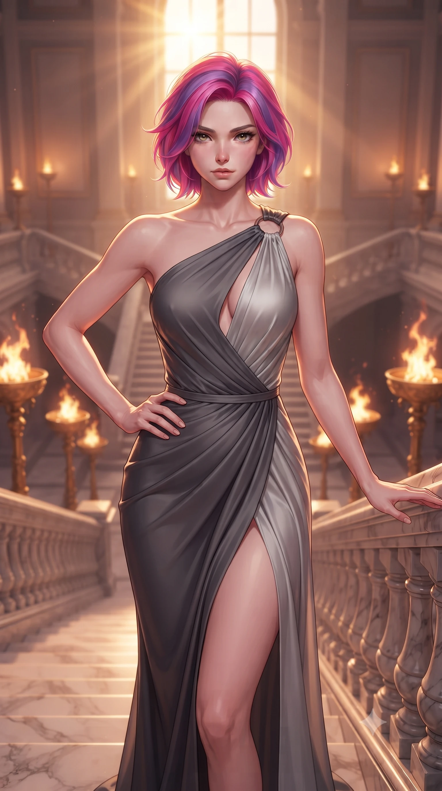 score_9, masterpiece, best quality, ultra-detailed, high-budget anime keyframe, editorial fashion photography, tasteful artistic composition, Caucasian woman. close-up cowboy shot from the waist and thighs up, the character dominates the composition, filling the frame with her large presence, background elements kept in soft focus. Holding a confident power pose with one hand on her hip, gazing directly into the camera with quiet intensity descending a grand marble staircase flanked by golden torch flames at dusk, golden hour sunbursts creating a majestic rim lighting effect. She has an exceptionally elegant, slender, and willowy female figure with an ultra-slim waist, a gracefully sculpted slender torso, and a refined silhouette. sharp v-shaped jawline, high-bridge nose, intricate jewel-like eyes with depth, thick eyelashes, glossy lips with a natural sheen. wearing an asymmetrical Grecian draped chiffon gown with a metallic shoulder ring in charcoal grey and platinum, crafted from smooth liquid silk, accented with a Tasteful chest slit framing her clavicle gracefully, the tailored fabric tightly following every curve of her athletic build. bathed in glorious golden hour sunbeams and warm rose-gold ambient light. highly saturated vibrant anime colors, detailed shading with soft gradients, rich glossy textures, high-contrast stereoscopic depth, volumetric dynamic lighting, master piece, 9:16 ratio