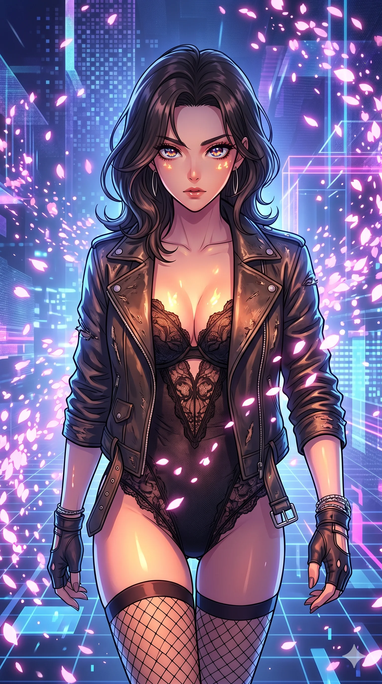score_9, masterpiece, best quality, ultra-detailed, Set A: High-budget Anime Keyframe, Korean woman. Upper body close-up from the thighs up, character filling the screen for maximum presence. Walking gracefully through a virtual reality void, with a look of intense determination reflecting the fires of 57 and surrounded by digital sakura petals. She has an absolutely perfect 8-heads proportion, an exceptionally tall and slender female figure with impossibly long slender legs and an ultra-slim waist. Sharp v-shaped jawline, high-bridge nose, intricate jewel-like eyes with depth, thick eyelashes, glossy lips with a natural sheen. Wearing Distressed leather jacket over a delicate lace teddy and fishnet stockings. Cinematic lighting, vibrant colors, dramatic shadows, 2k, ultra detail, master piece, 9:16 ratio
